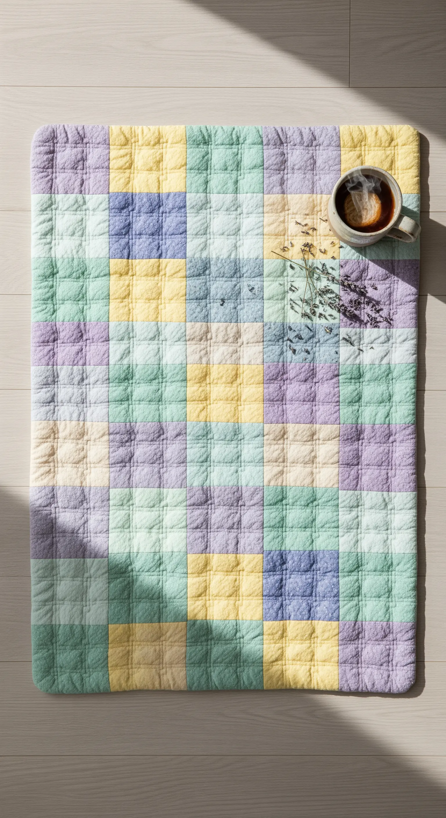 Tappeto patchwork trapuntato con quadrati color pastello, visto dall'alto con una tazza di tè appoggiata