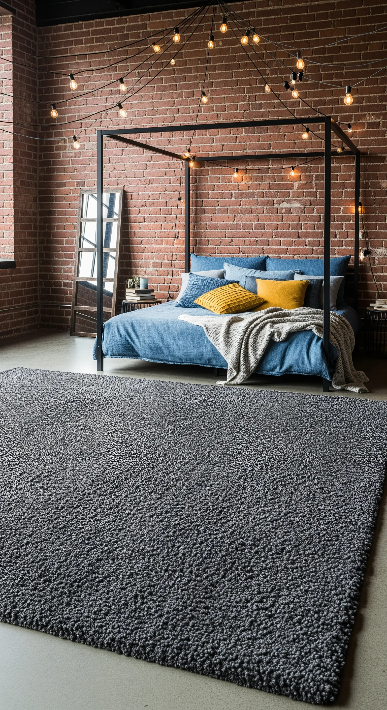 Camera da letto industrial con parete in mattoni, letto a baldacchino nero e tappeto shaggy grigio.