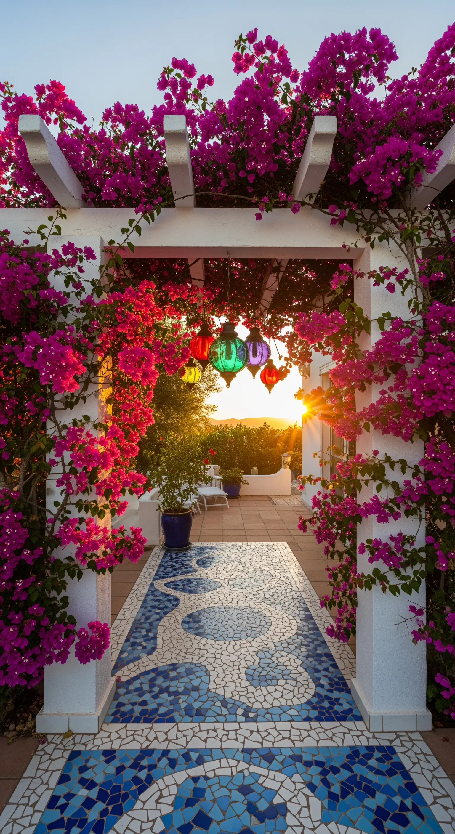 Pergolato bianco coperto di bouganville fucsia, con un sentiero a mosaico blu e bianco.