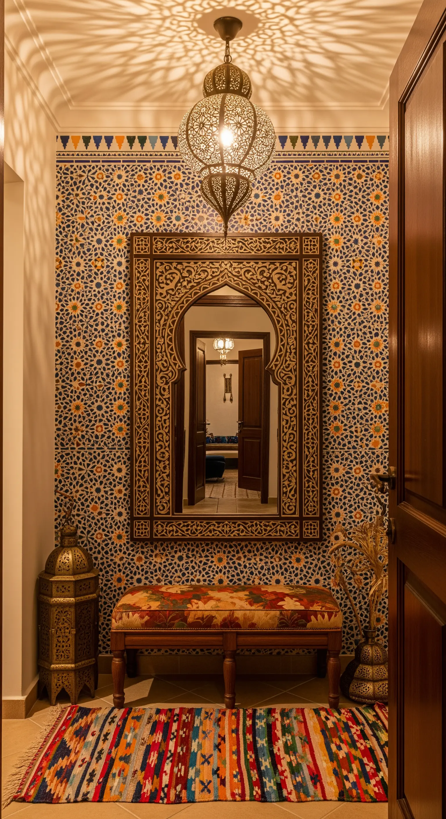 Ingresso in stile marocchino con carta da parati a mosaico, specchio intagliato e lanterna metallica.