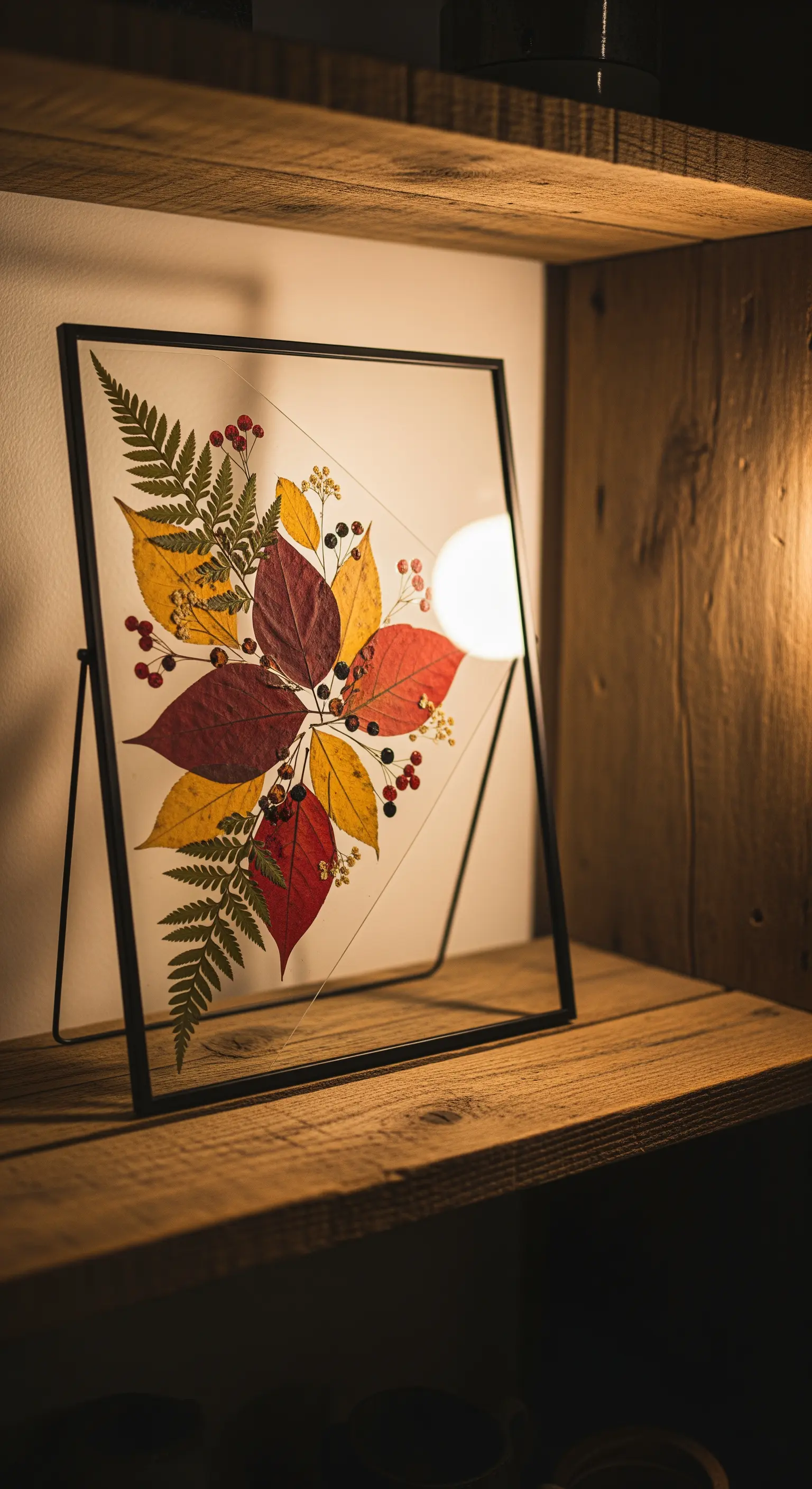 Composizione di foglie autunnali rosse e gialle con felci in una cornice nera.