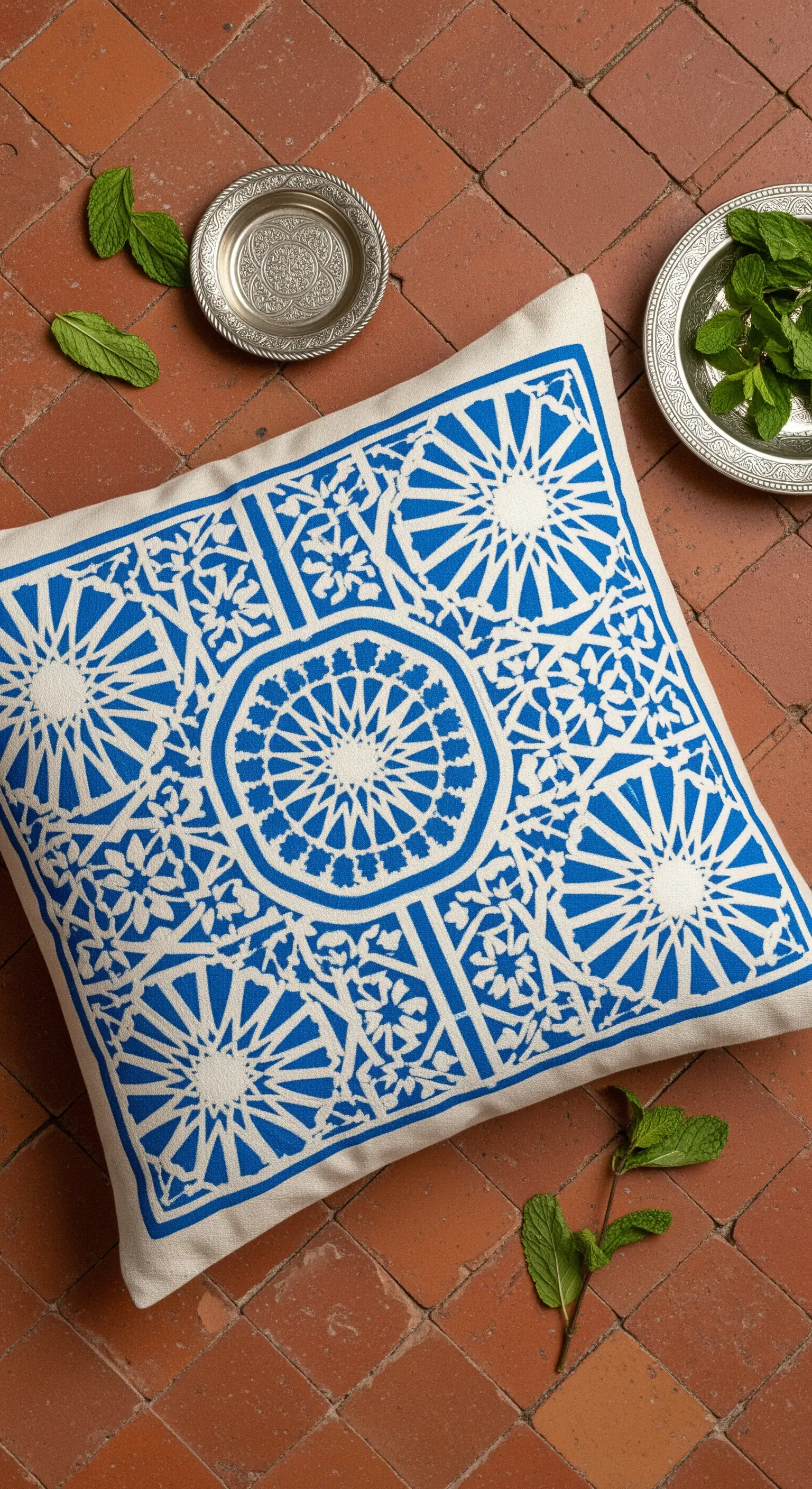 Cuscino bianco con un complesso motivo a mosaico blu, su un pavimento in cotto.