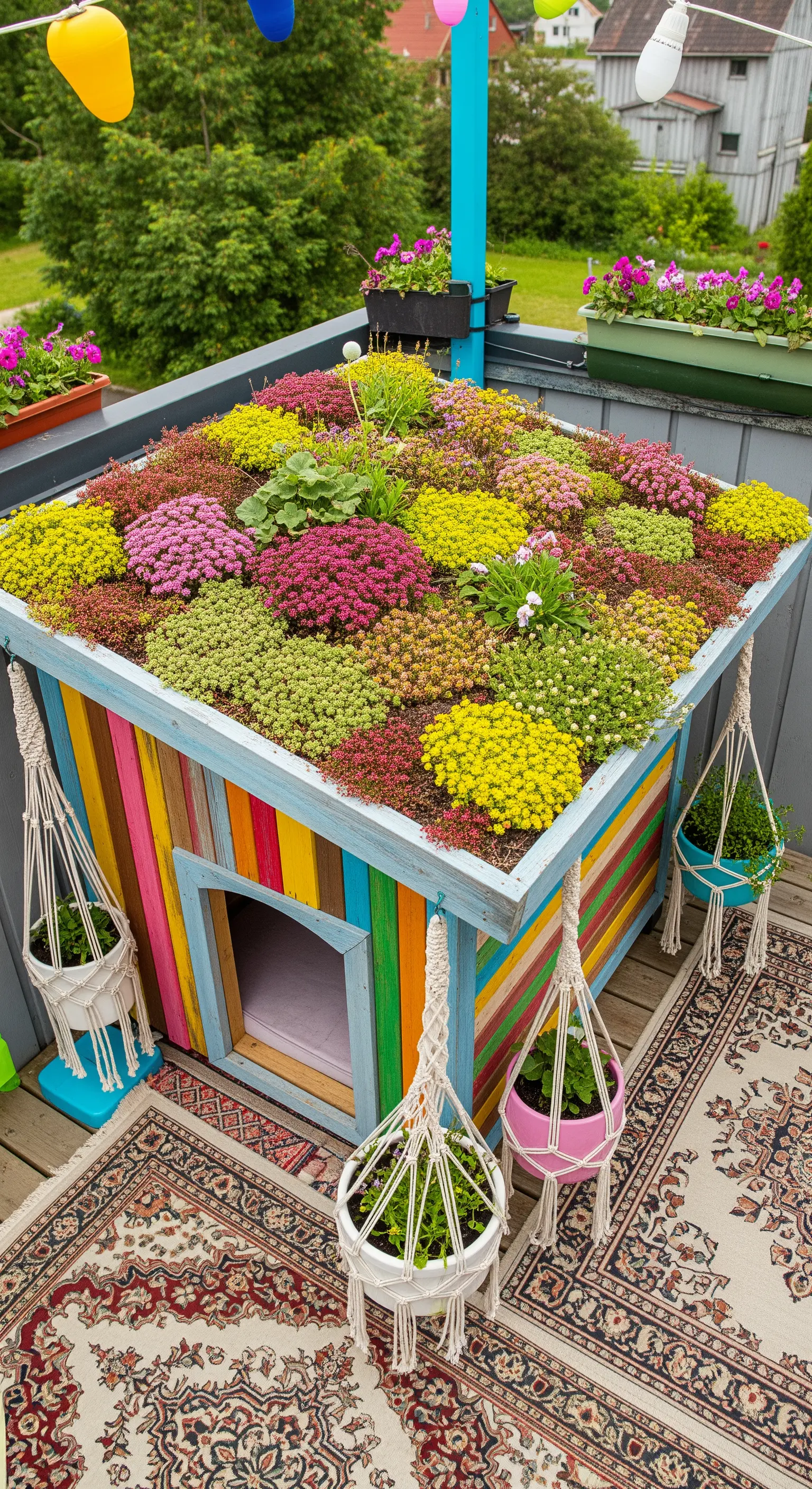 Cuccia colorata in stile bohémien con un tetto di piante grasse variopinte su un balcone.