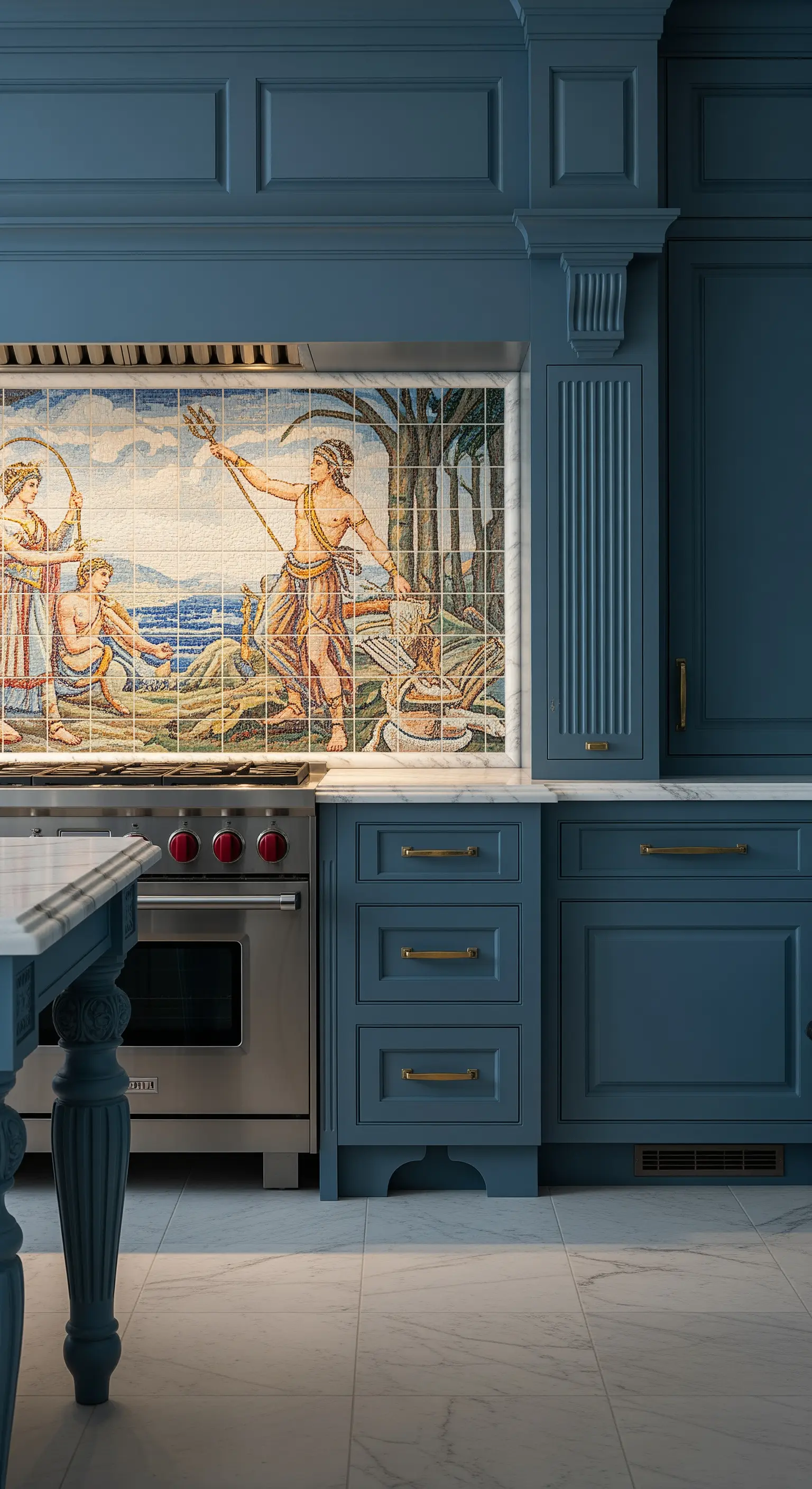 Dettaglio di un paraschizzi a mosaico in stile classico in una cucina blu.