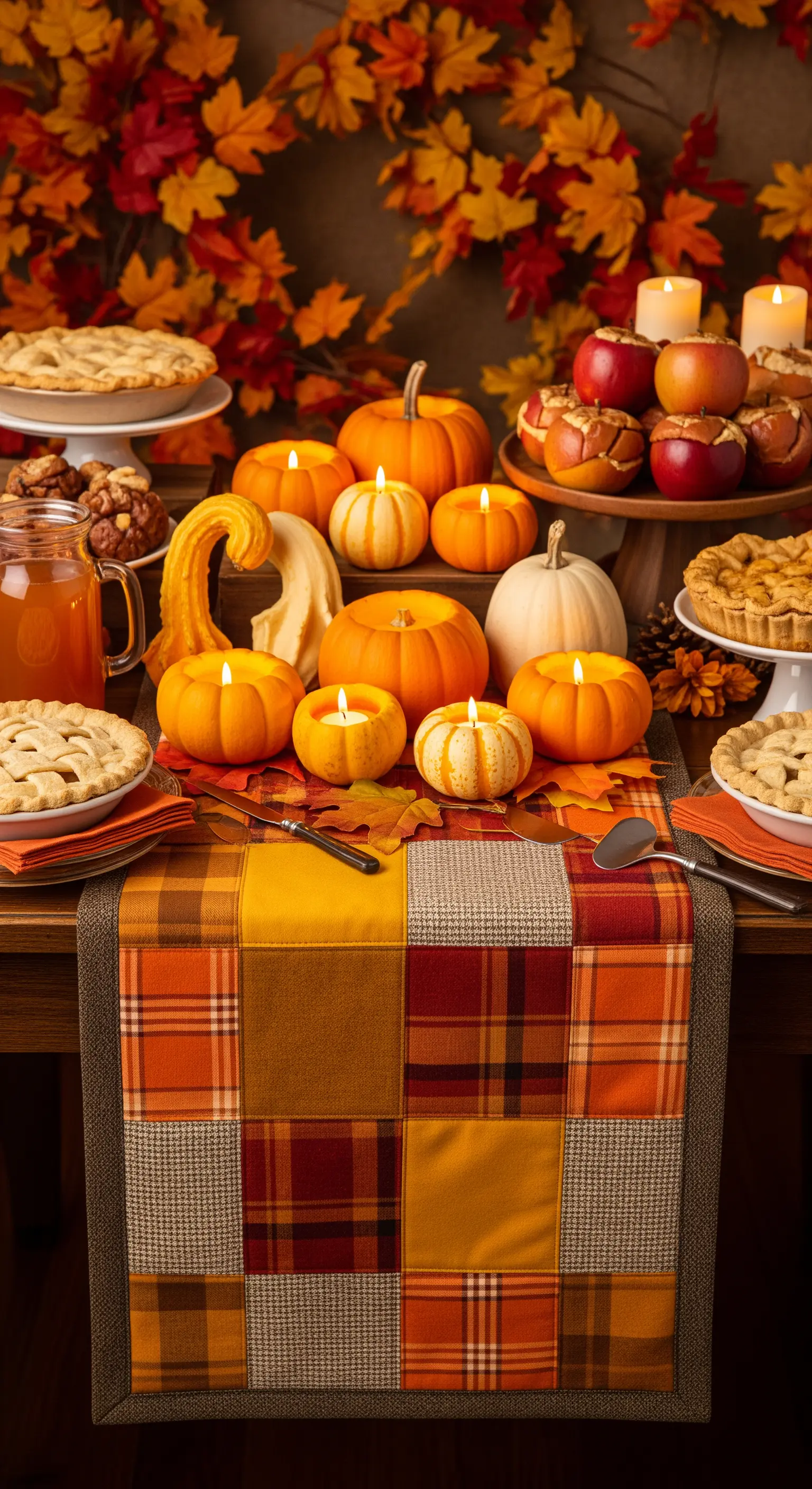 Runner patchwork con quadrati arancioni, gialli e marroni per una tavola autunnale.