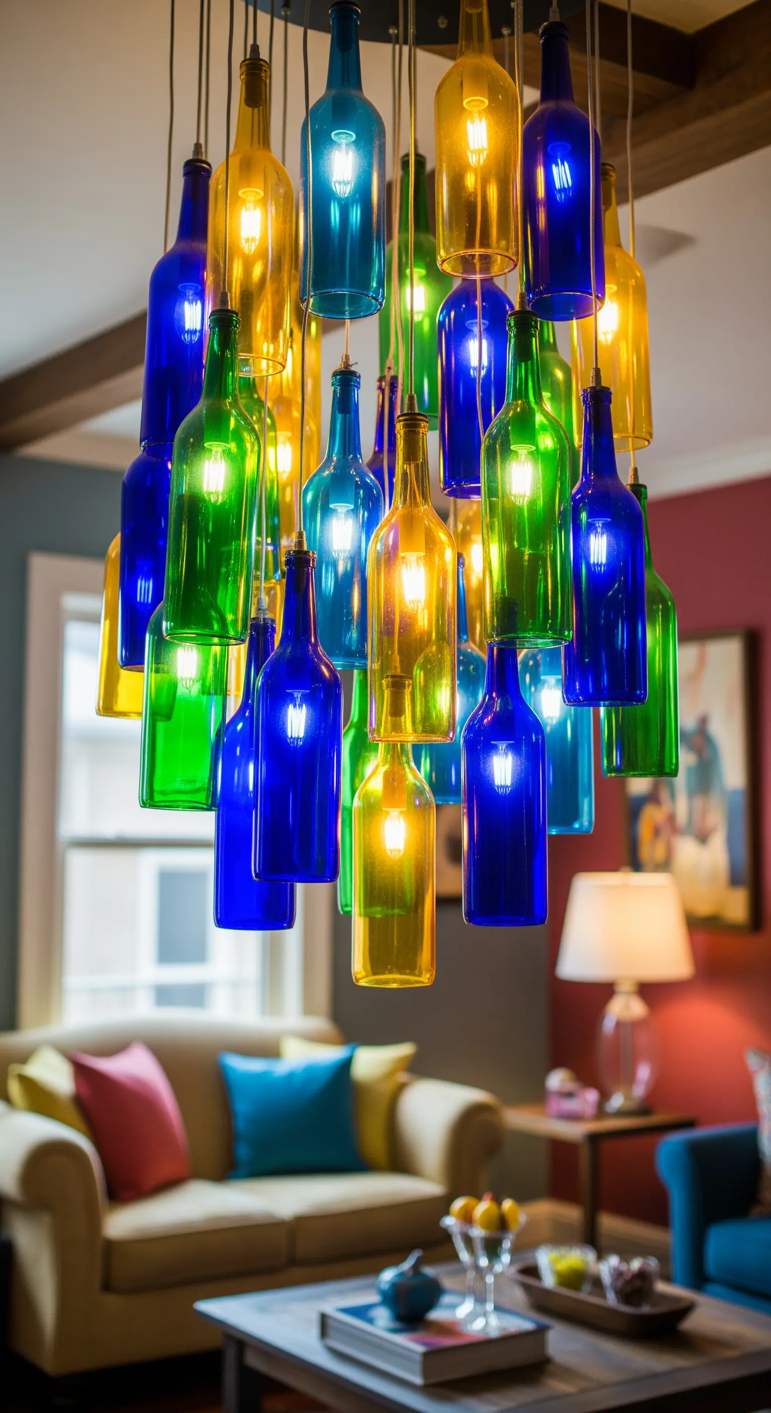 Lampadario a grappolo molto colorato con bottiglie blu, verdi e gialle brillanti.