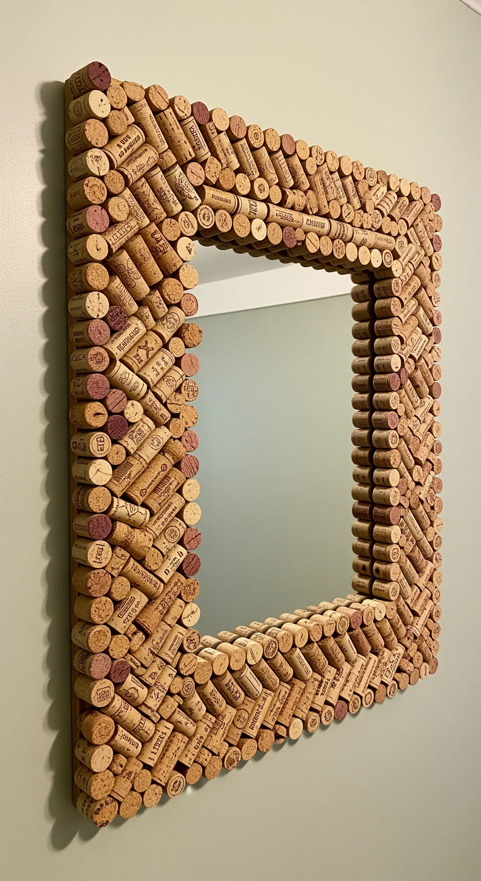 Specchio quadrato con cornice spessa interamente ricoperta da tappi di sughero disposti a mosaico.