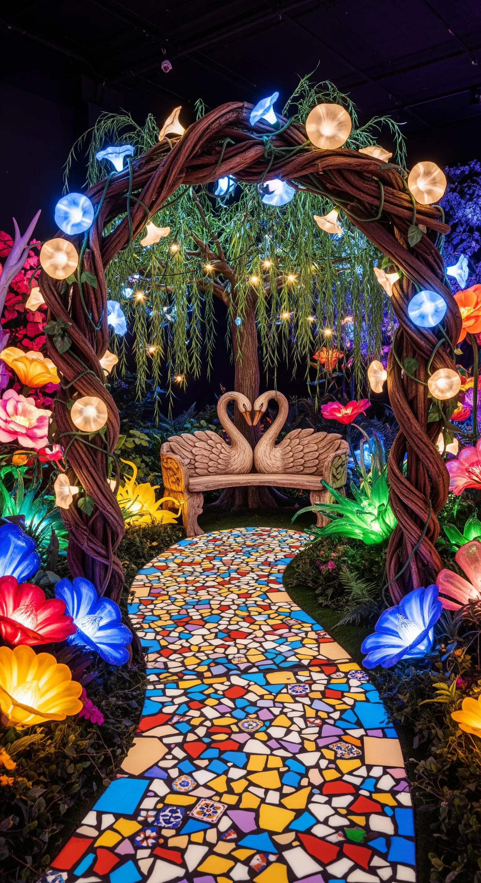 Sentiero in mosaico colorato che attraversa un giardino fantastico con fiori e un arco luminosi.
