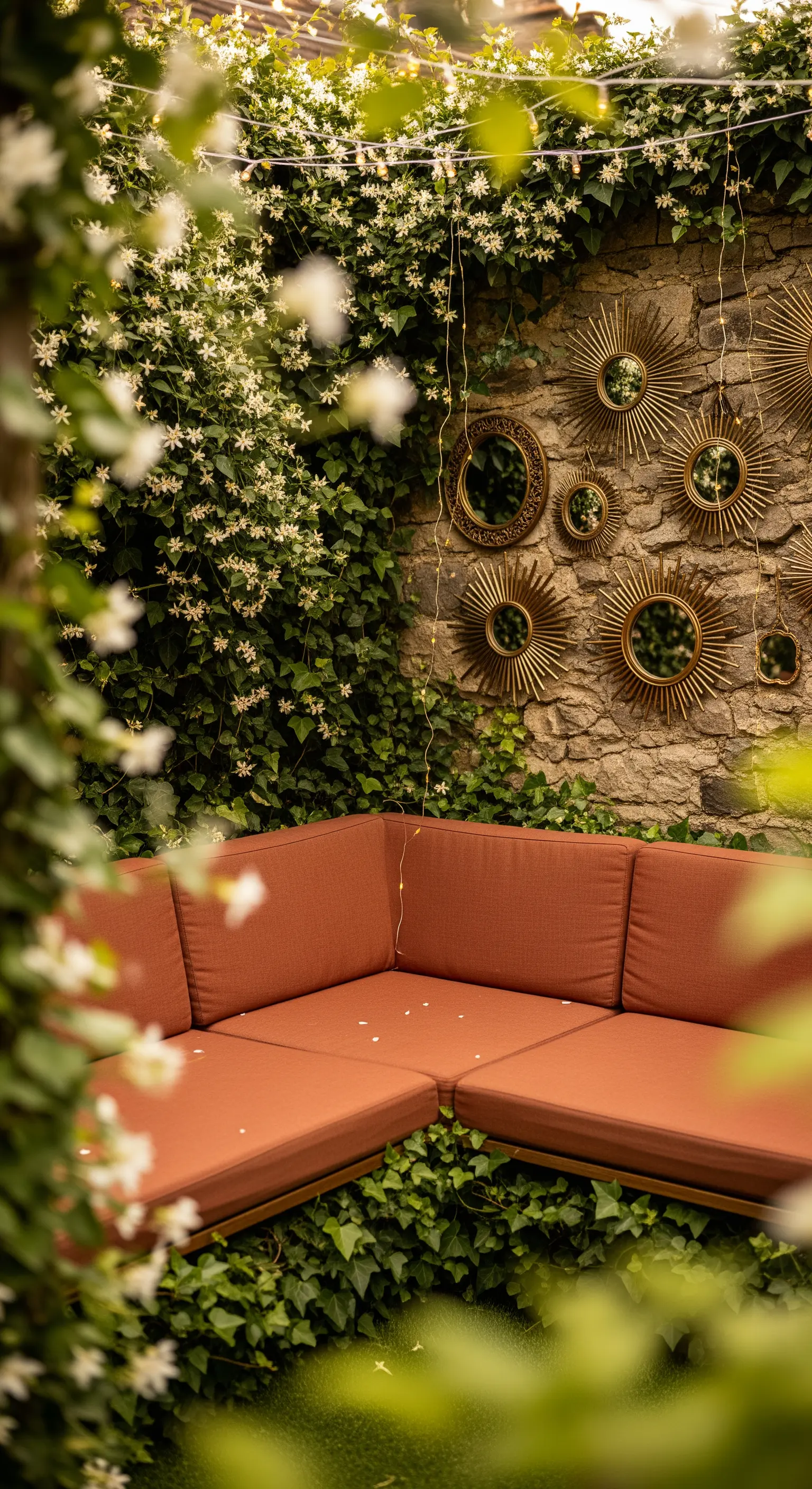 Composizione di piccoli specchi dorati a forma di sole su un muro di pietra.