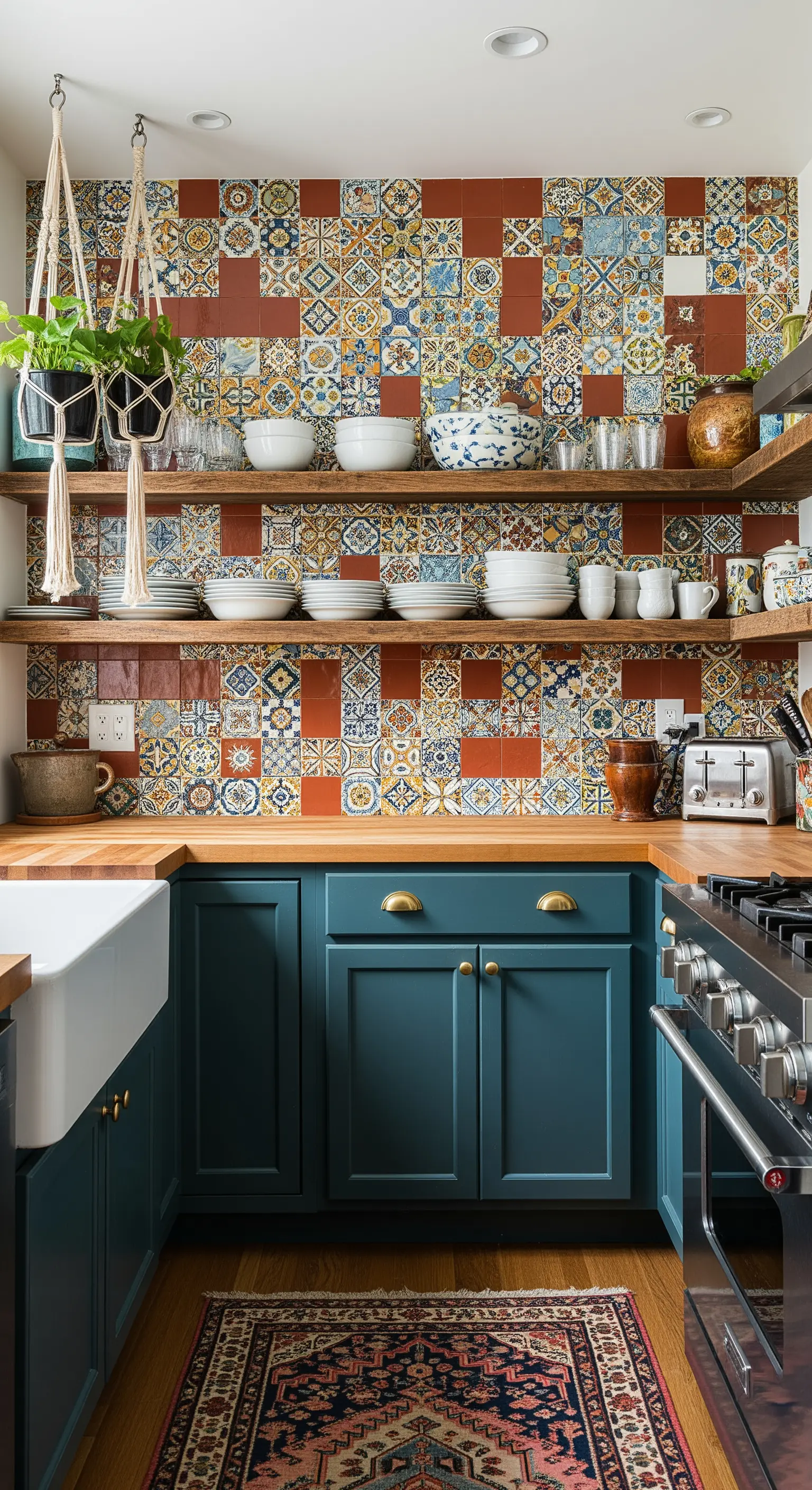 Cucina bohémien con paraschizzi a patchwork di piastrelle e mobili blu-verde.