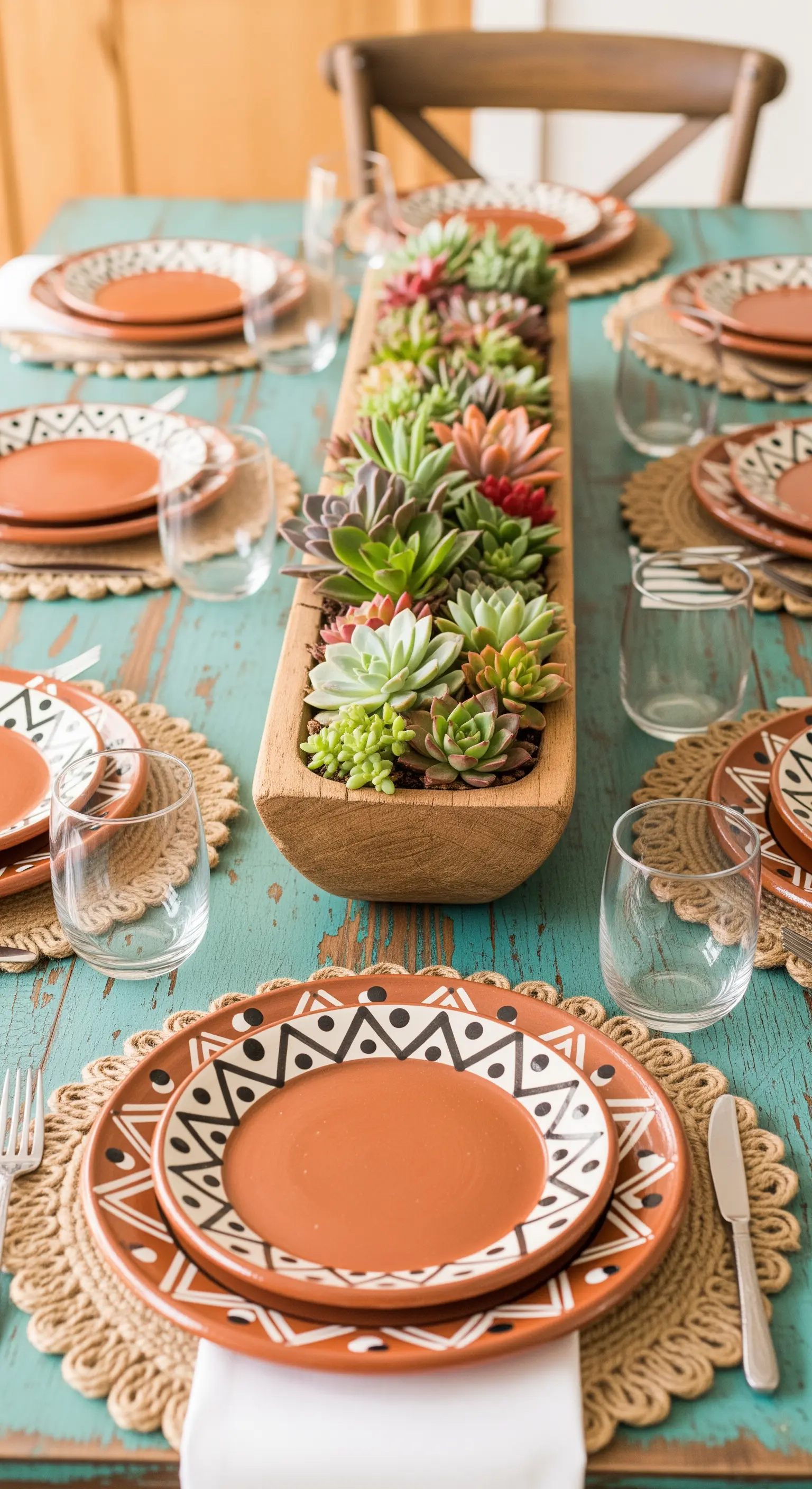 Tavola colorata con centrotavola di piante succulente in un contenitore di legno.