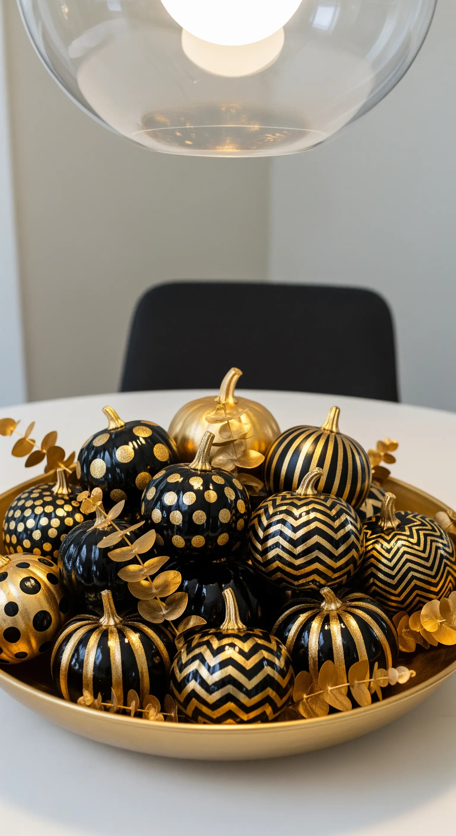 Ciotola dorata con mini zucche nere decorate con diversi motivi grafici dorati.