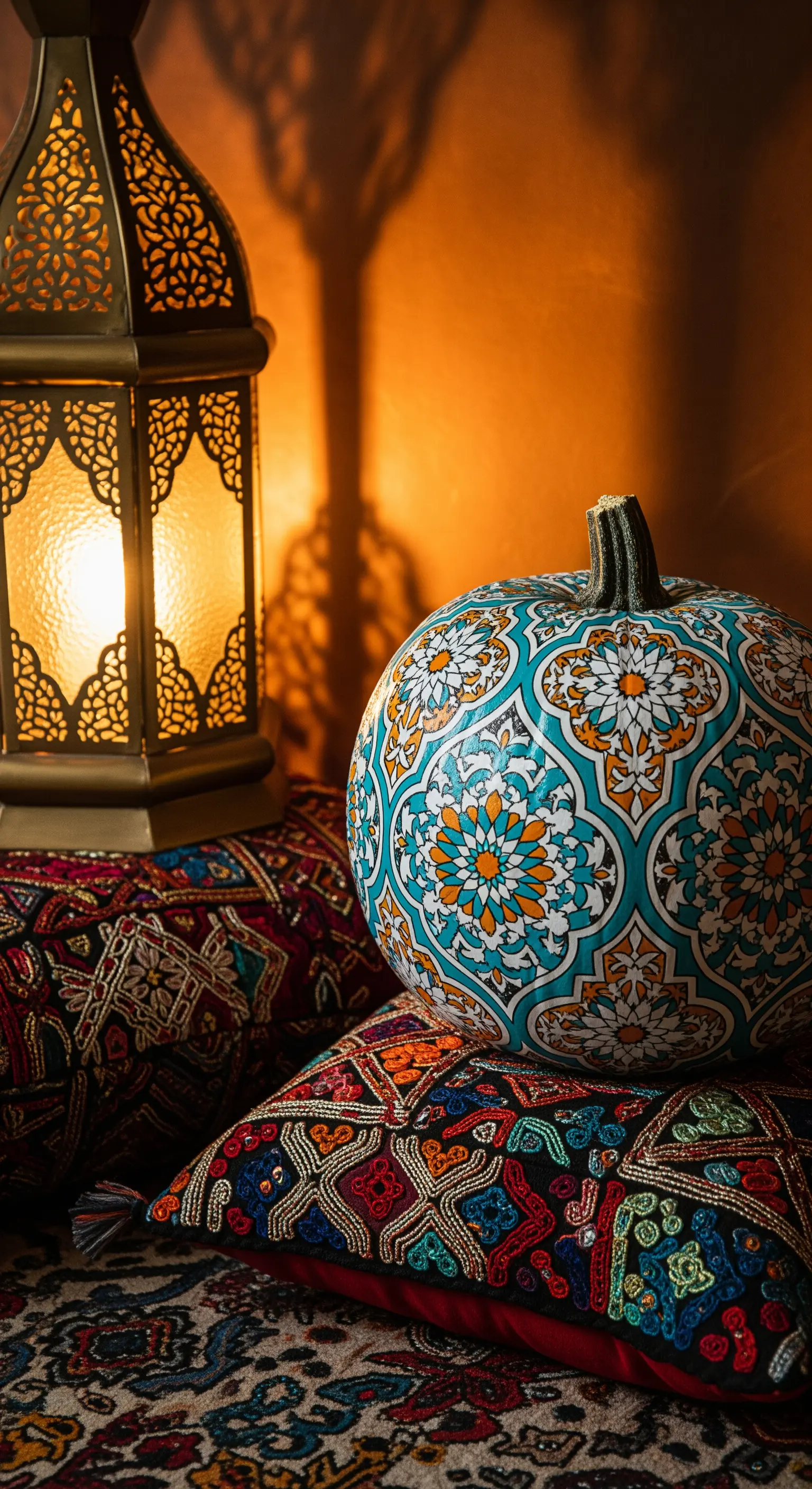 Zucca decorata con un complesso motivo a mosaico marocchino nei toni del turchese e arancione.
