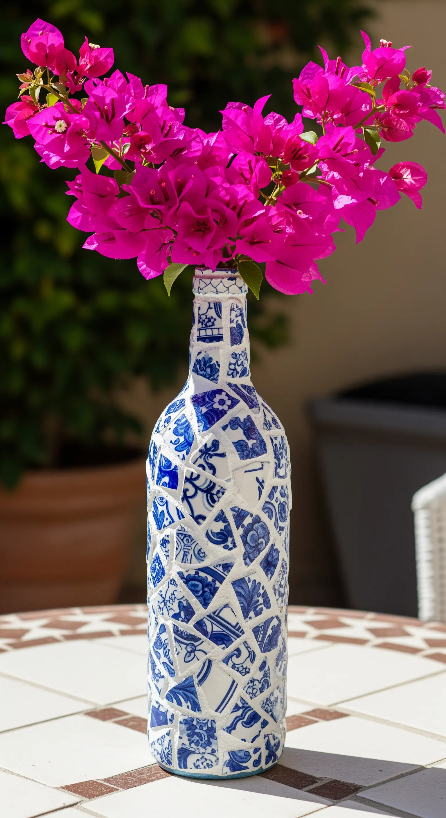 Bottiglia di vino trasformata in un vaso a mosaico con frammenti di ceramica bianca e blu.