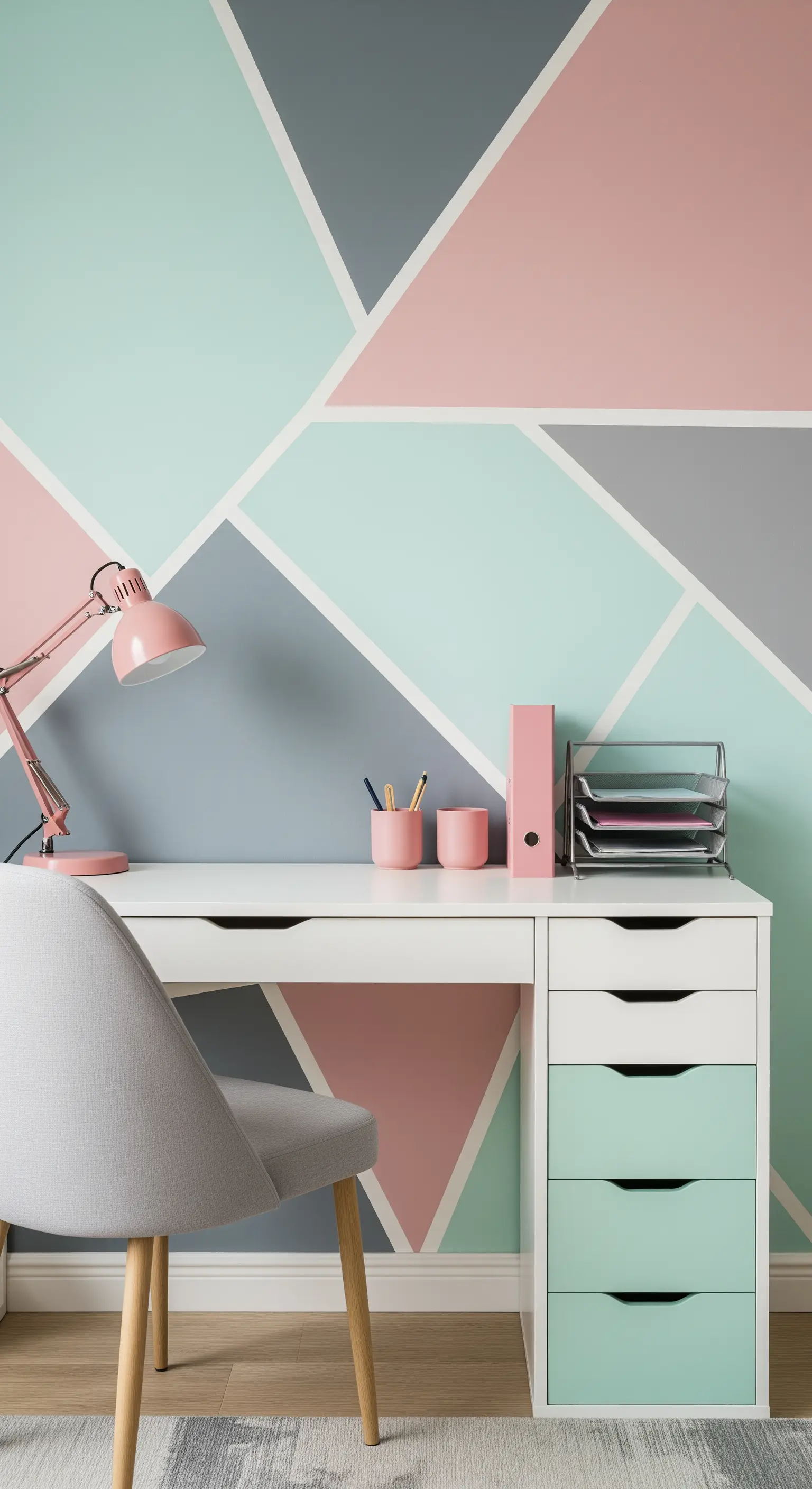 Scrivania bianca con cassetti colorati, contro una parete con un motivo geometrico in tinte pastello.