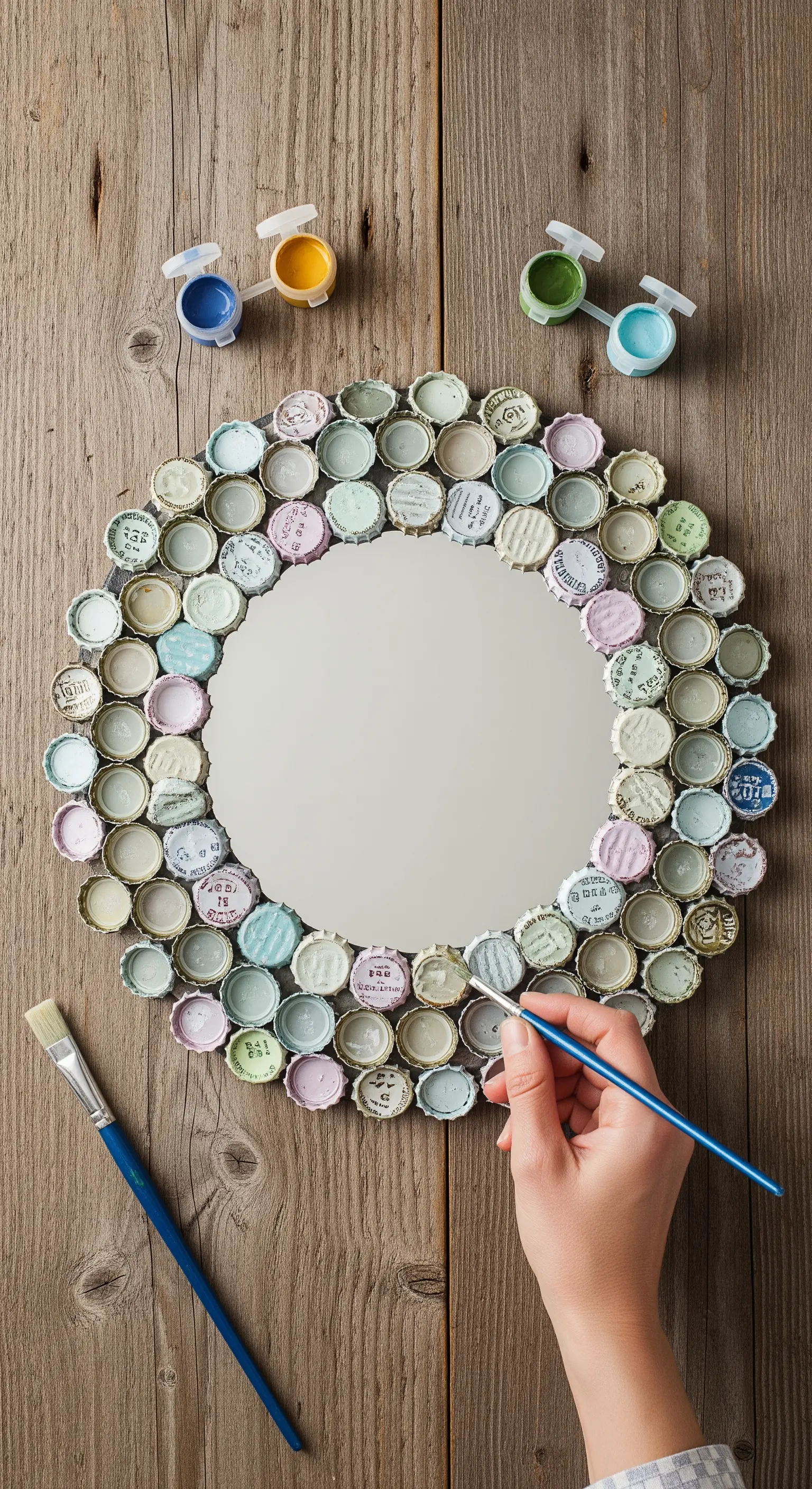 Creazione di una cornice rotonda con tappi di bottiglia dipinti con colori pastello.