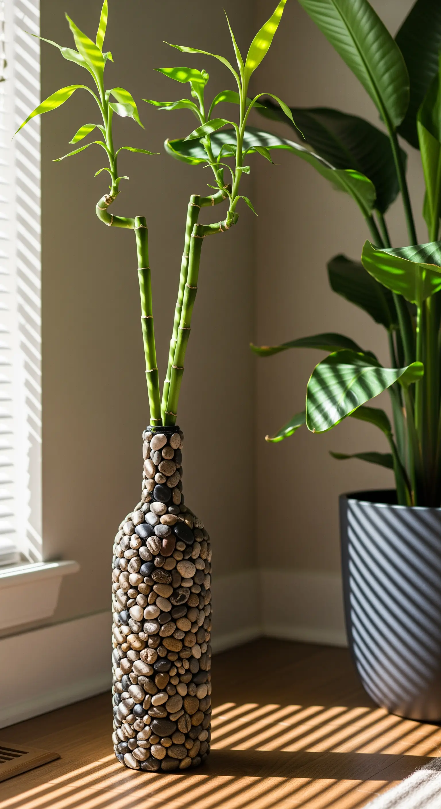 Bottiglia di vino completamente ricoperta da piccoli ciottoli di fiume levigati.