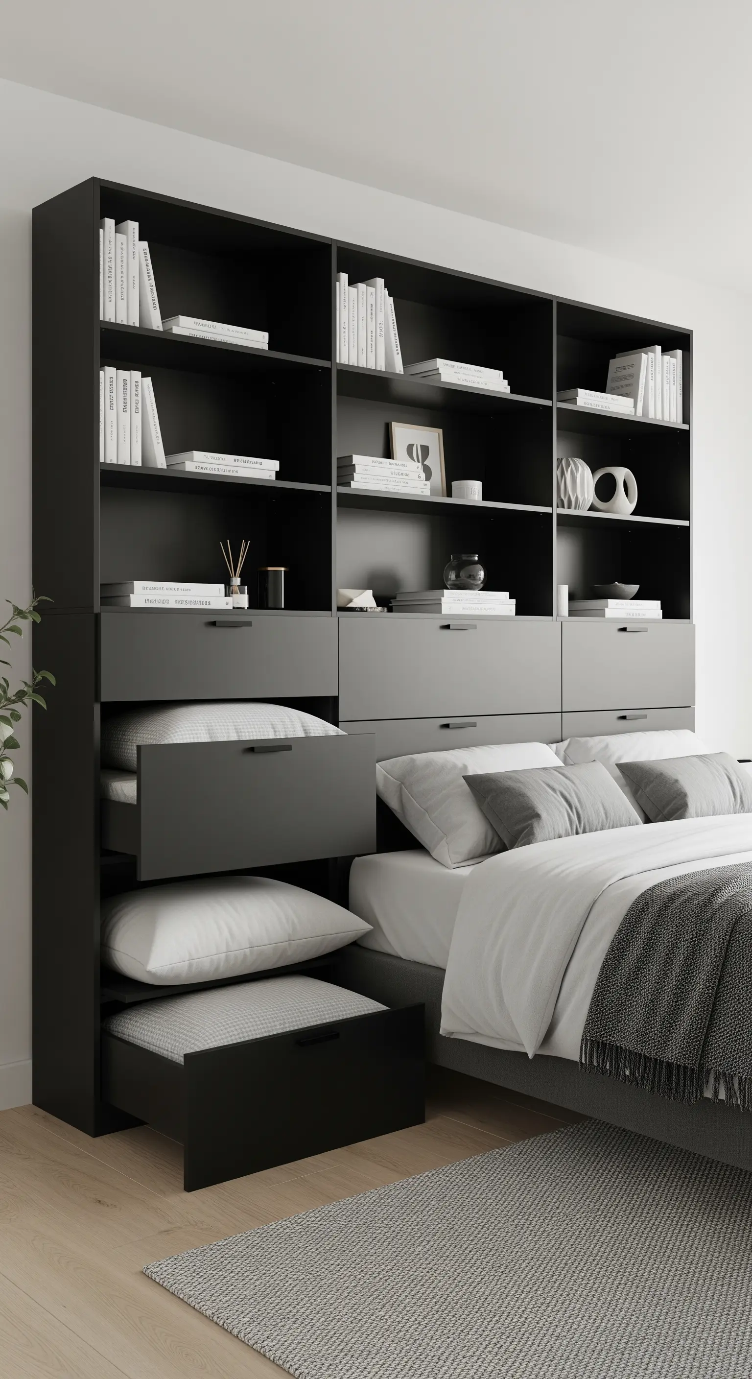 Libreria nera con ripiani a giorno sopra e cassetti chiusi sotto al letto.