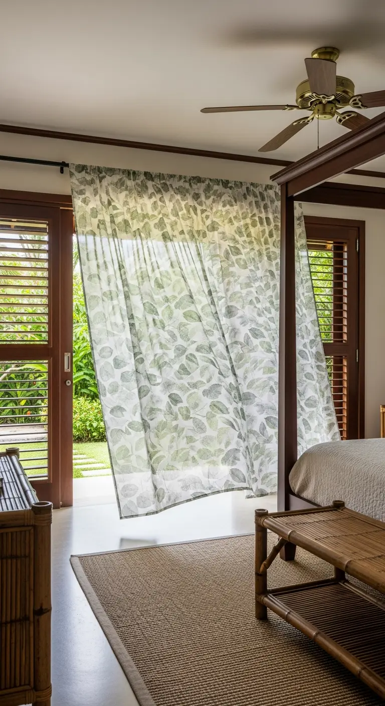 Camera da letto in stile tropicale con letto a baldacchino e tende leggere con un motivo a foglie.