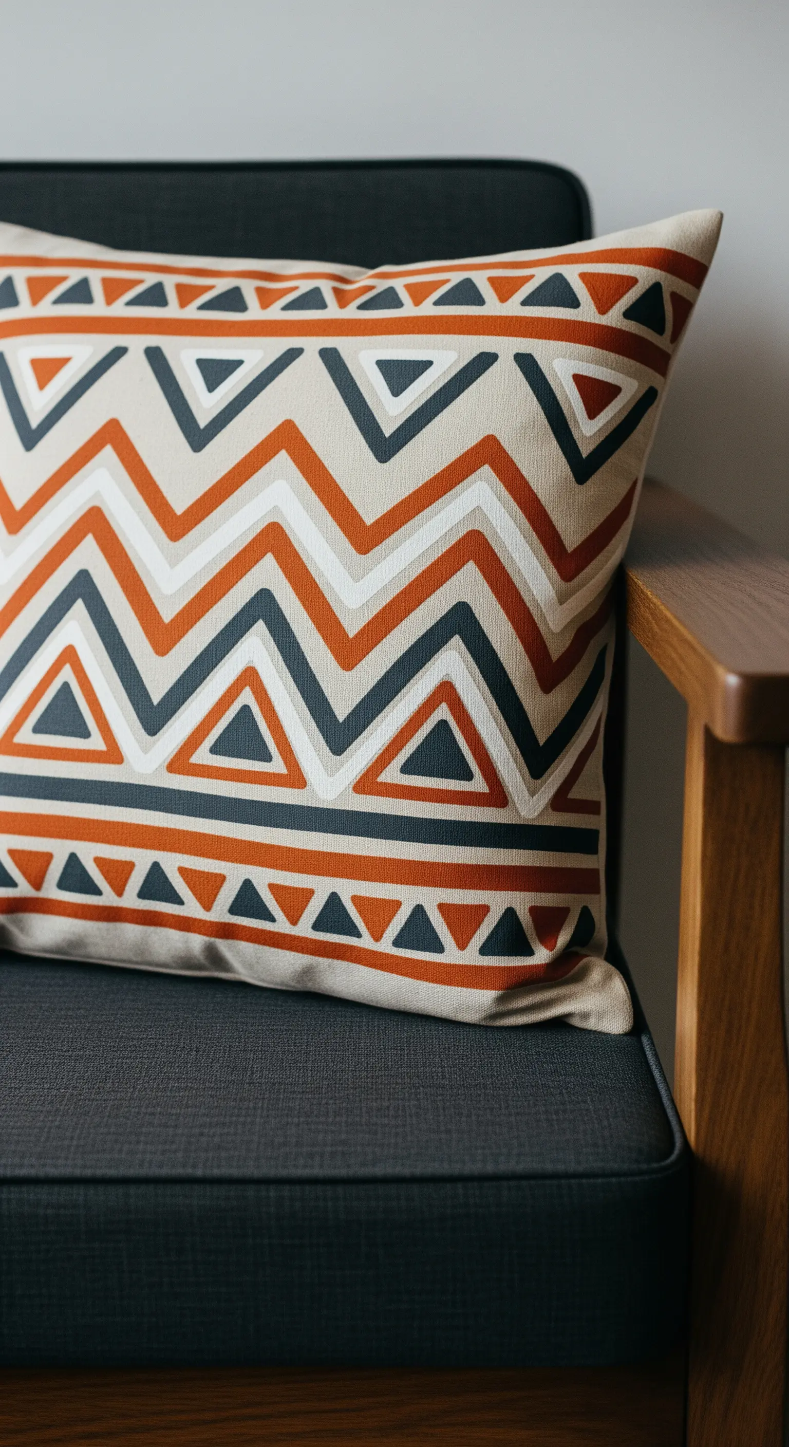 Cuscino con pattern etnico a zig-zag nei toni del terracotta, grigio e avorio.