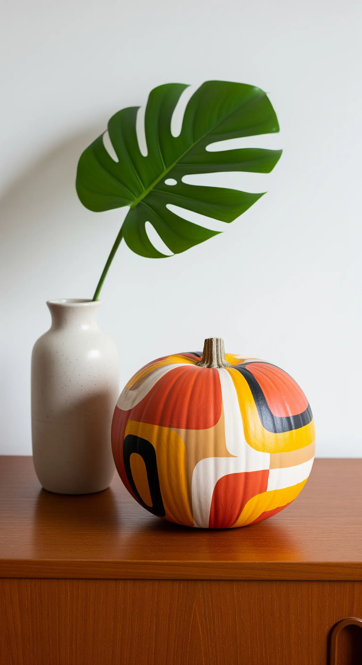 Zucca arancione dipinta con un motivo astratto Mid-Century in colori caldi, accanto a un vaso bianco.