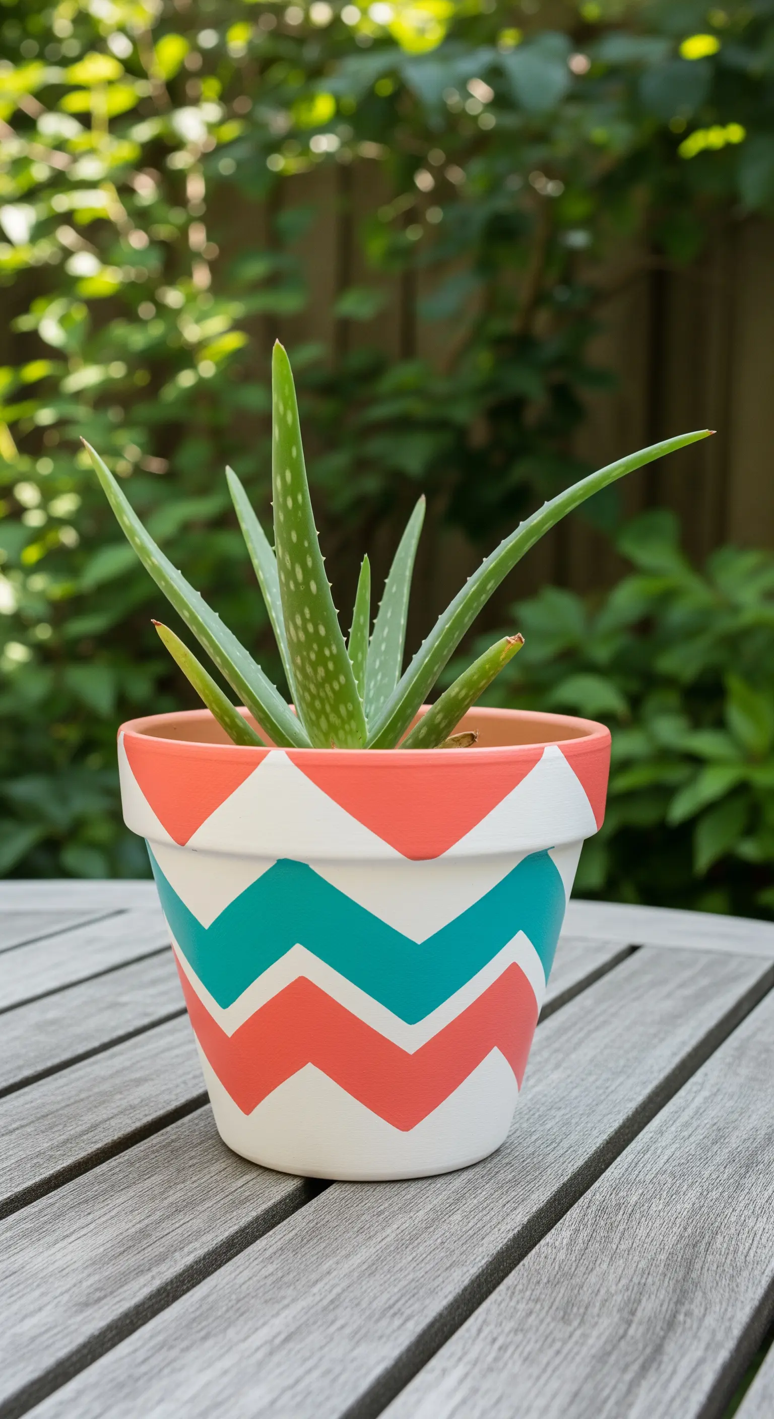 Vaso di terracotta dipinto con un motivo chevron nei colori corallo e turchese, con una pianta di aloe.