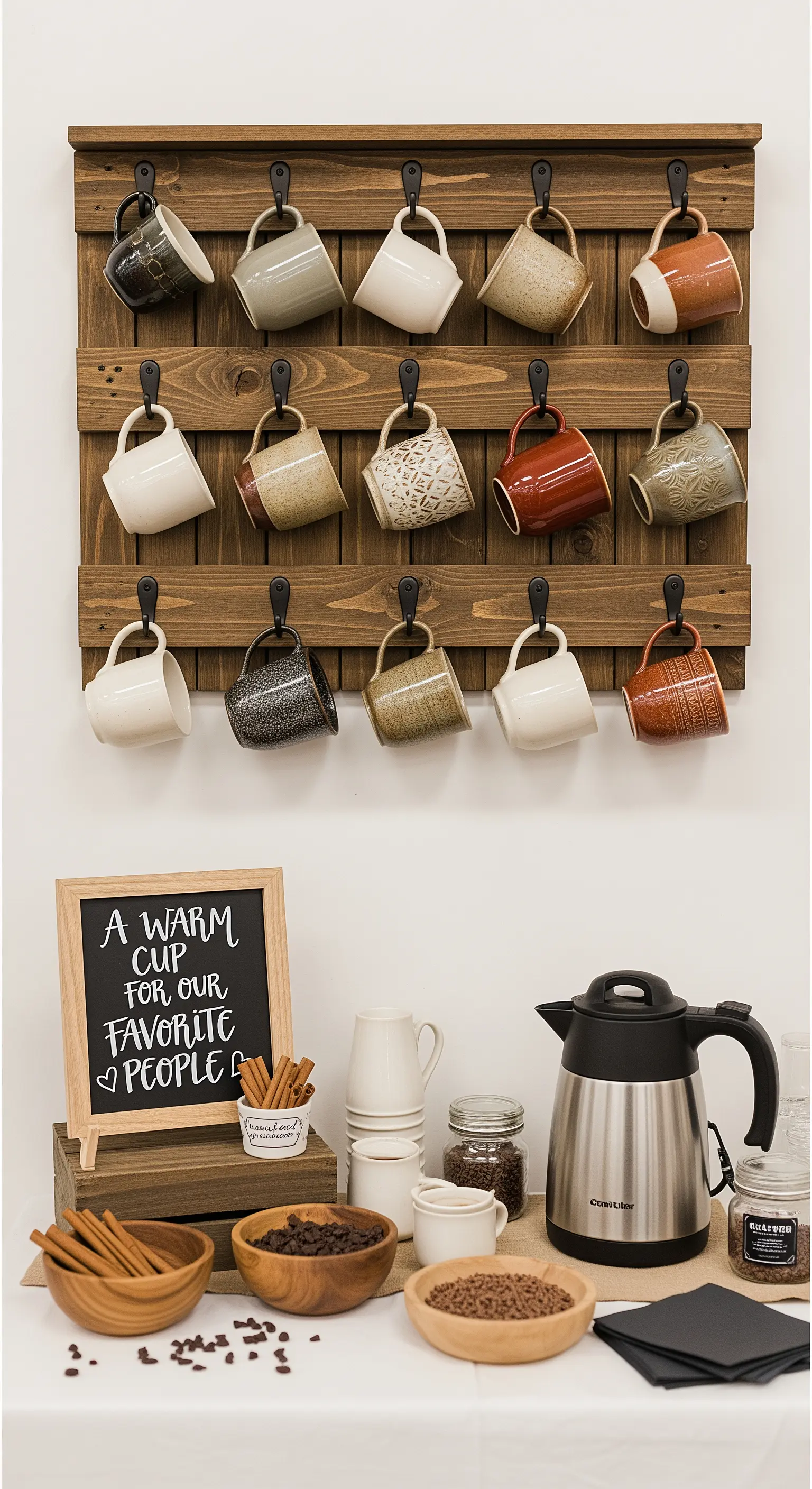 Parete con tazze in ceramica artigianale appese e angolo caffè per gli invitati.