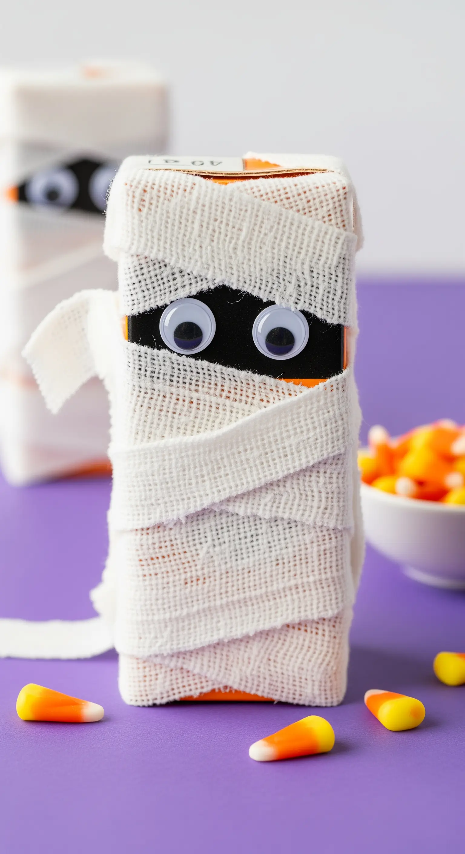 Succo di frutta avvolto in garza per sembrare una mummia con occhi finti.