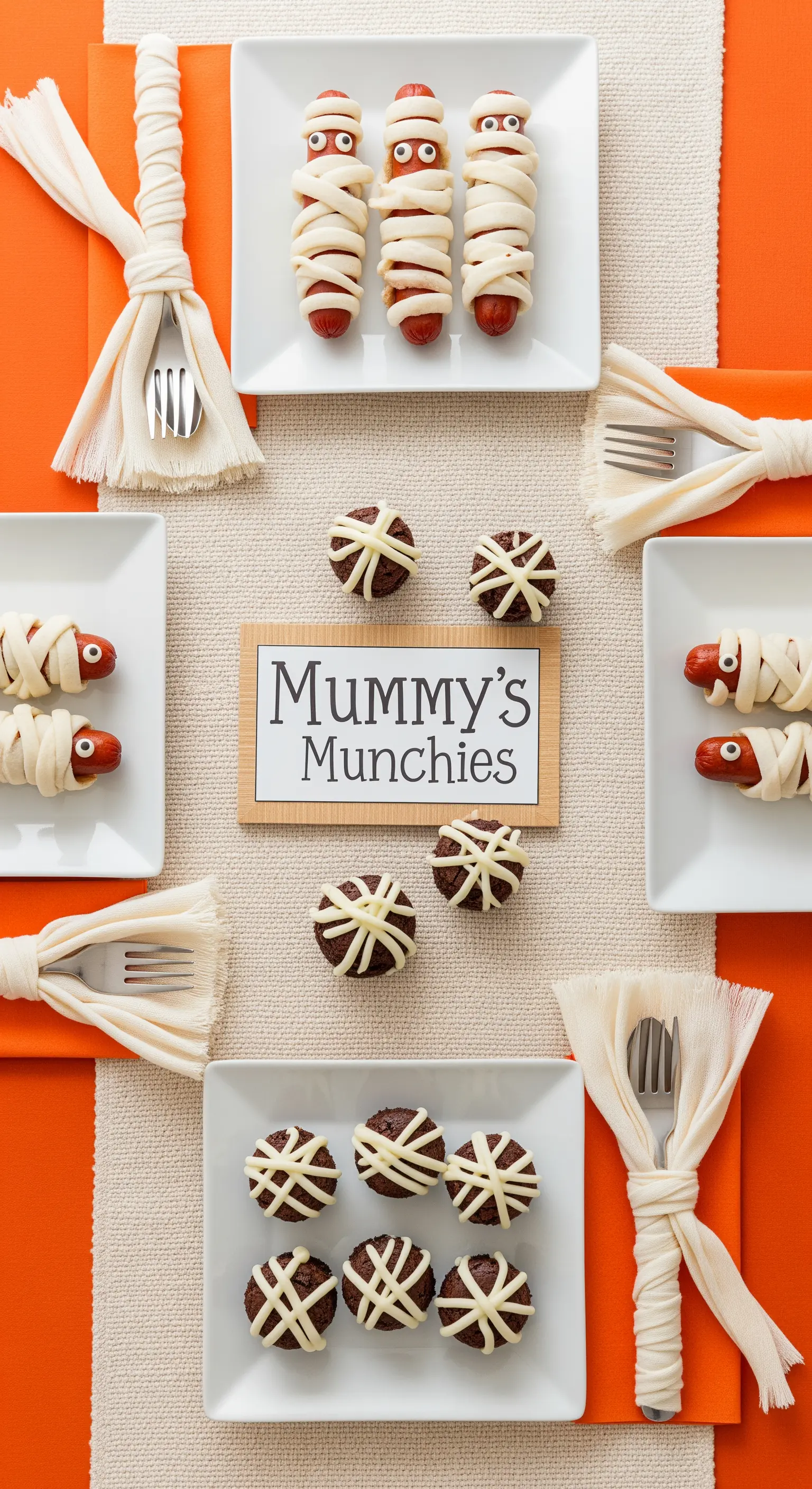 Wurstel e dolcetti a forma di mummia su una tavola arancione e bianca.