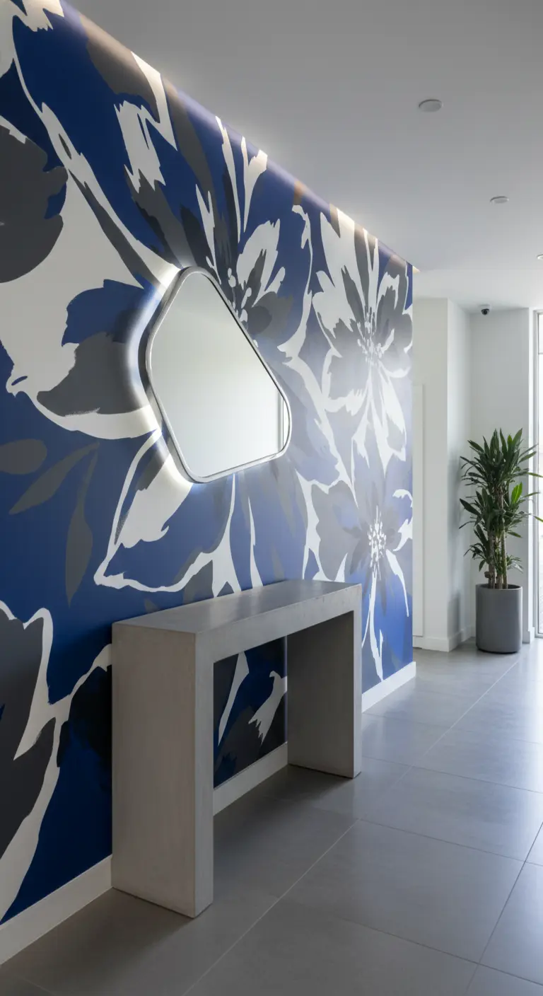 Parete d'ingresso con un grande murale floreale astratto blu e una console in cemento.