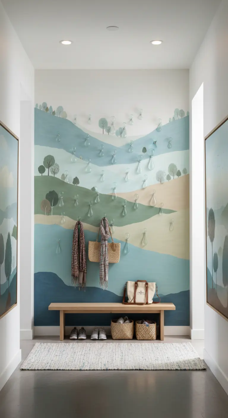 Parete con murale di un paesaggio e ganci in vetro a forma di goccia.