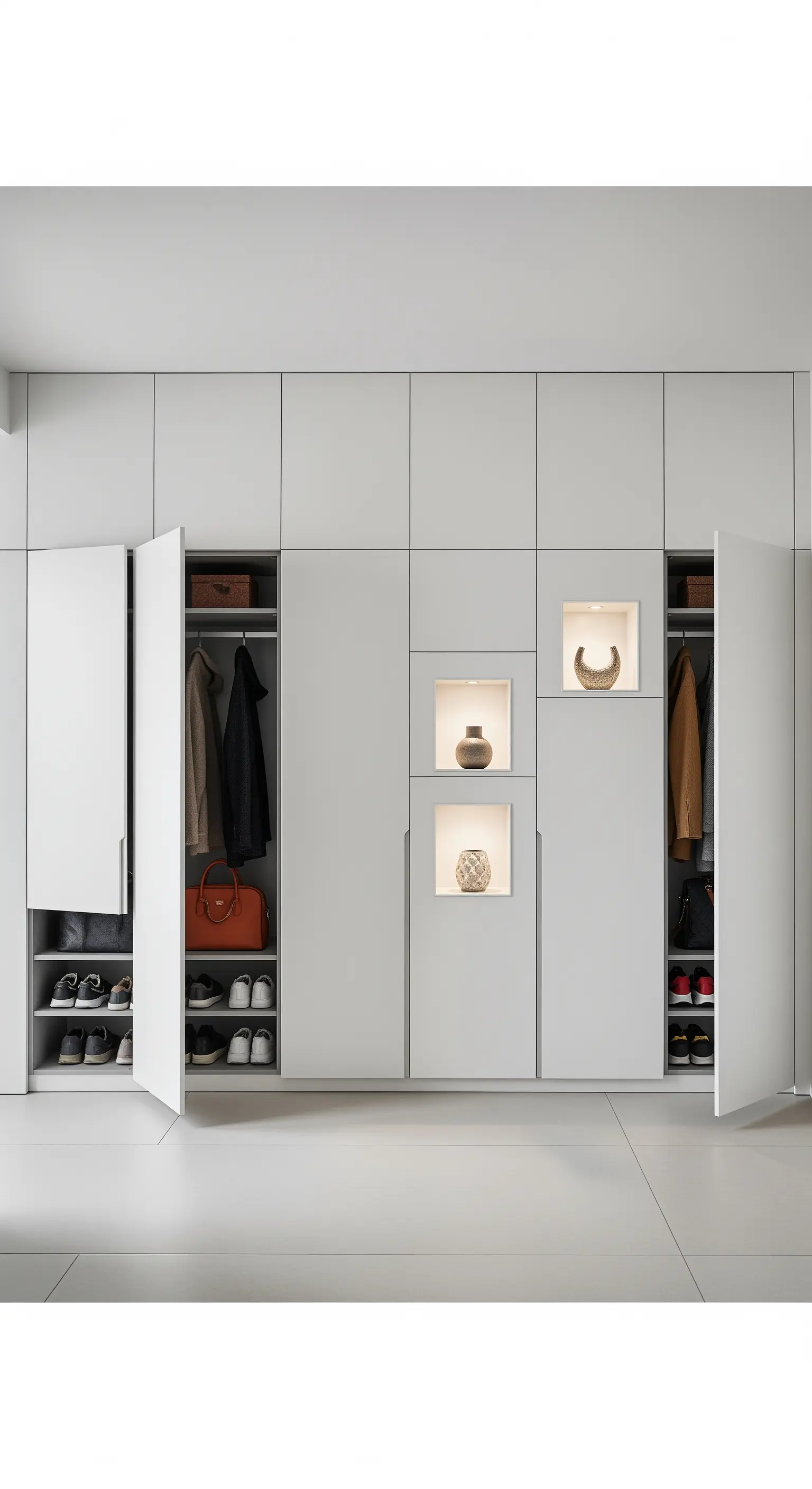 Parete attrezzata bianca e minimale con ante senza maniglie e nicchie illuminate.