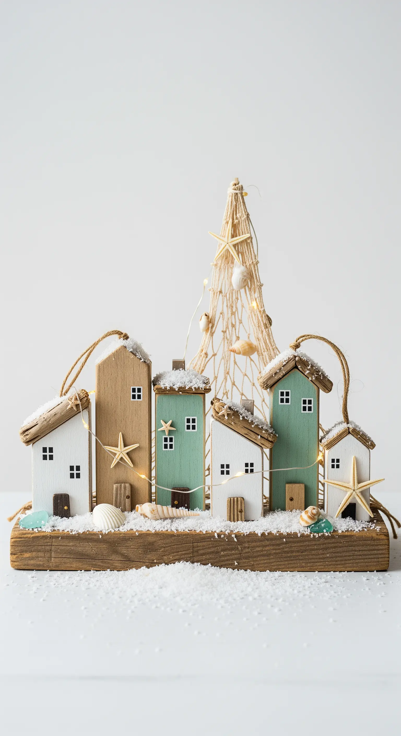 Villaggio natalizio a tema marino con casette in legno sbiancato e decorazioni di conchiglie.