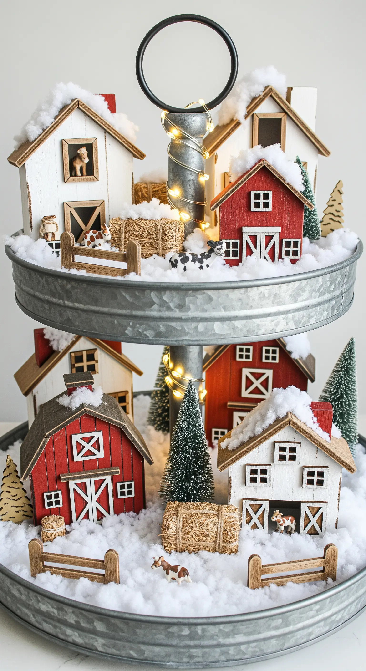 Villaggio natalizio a tema fattoria con fienili rossi e animali su un'alzata in metallo.