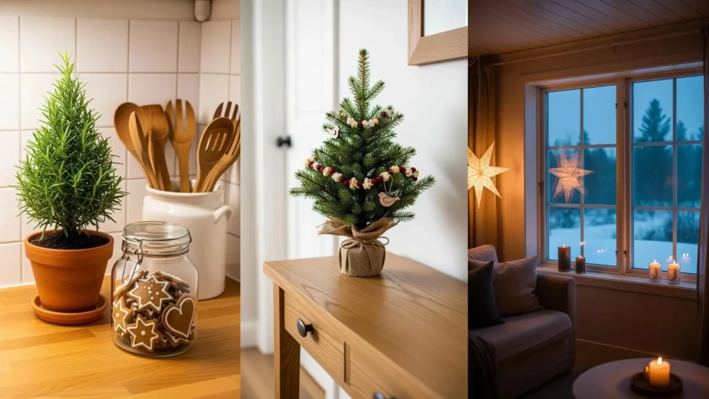 Scena natalizia scandinava: decorazioni minimal, legno chiaro del tavolo, tessuti naturali, abete e candele creano un'atmosfera accogliente.