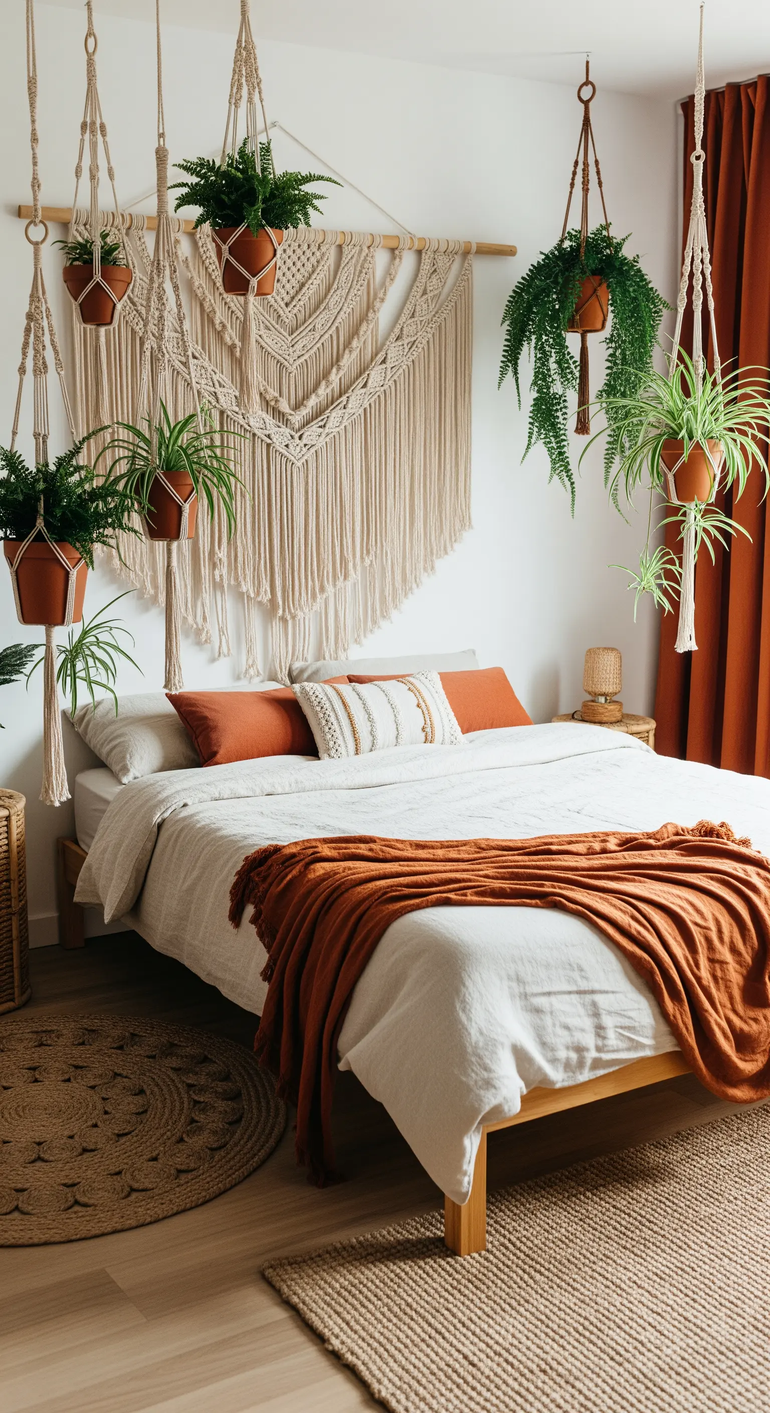 Letto con arazzo in macramé e piante sospese in vasi di terracotta.
