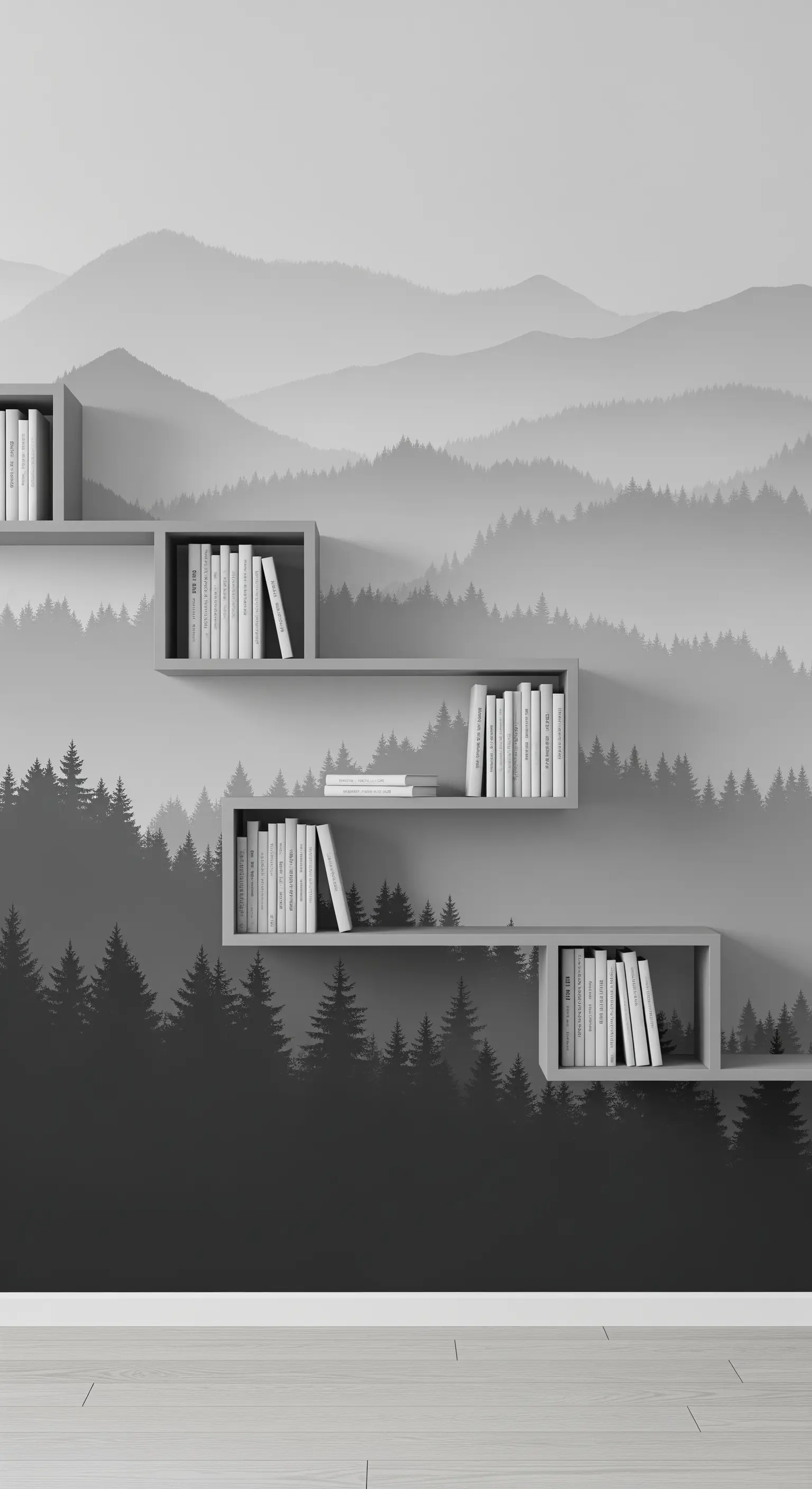 Mensole modulari grigie su una parete con murale di una foresta nebbiosa in bianco e nero.