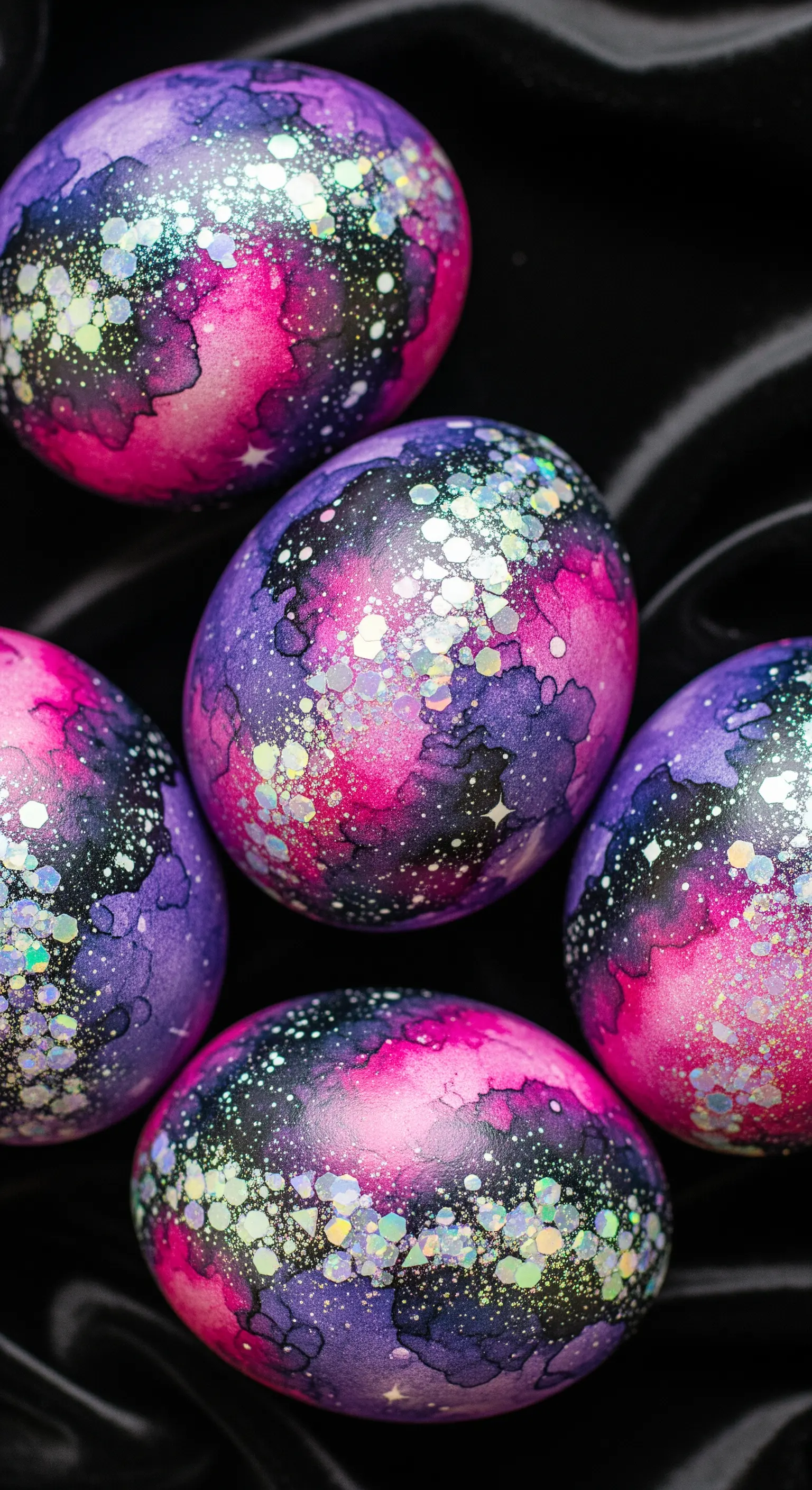 Uova pasquali con effetto nebulosa in rosa e viola, ricoperte di glitter olografico.