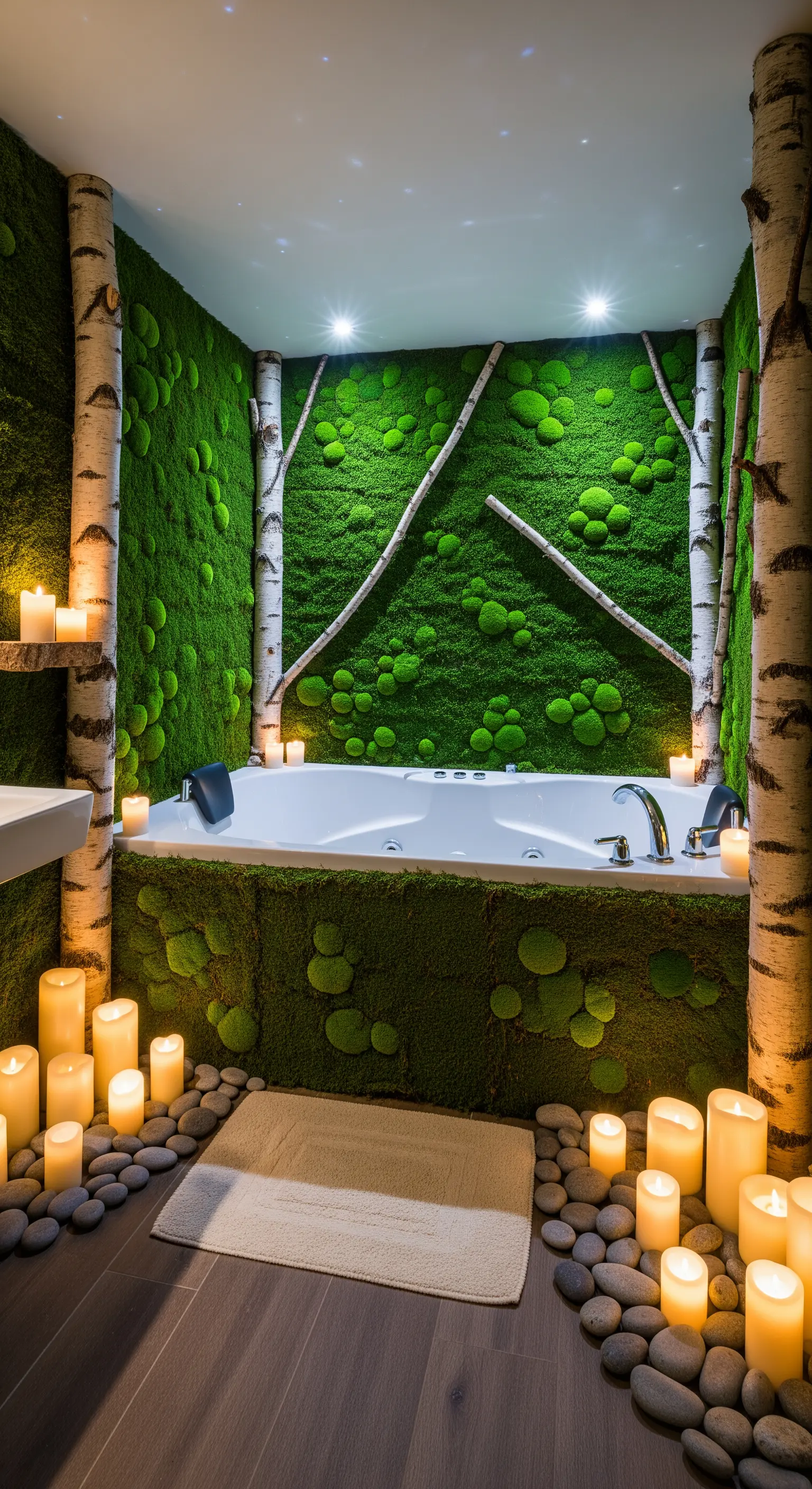 Vasca idromassaggio circondata da una parete di muschio e tronchi di betulla.