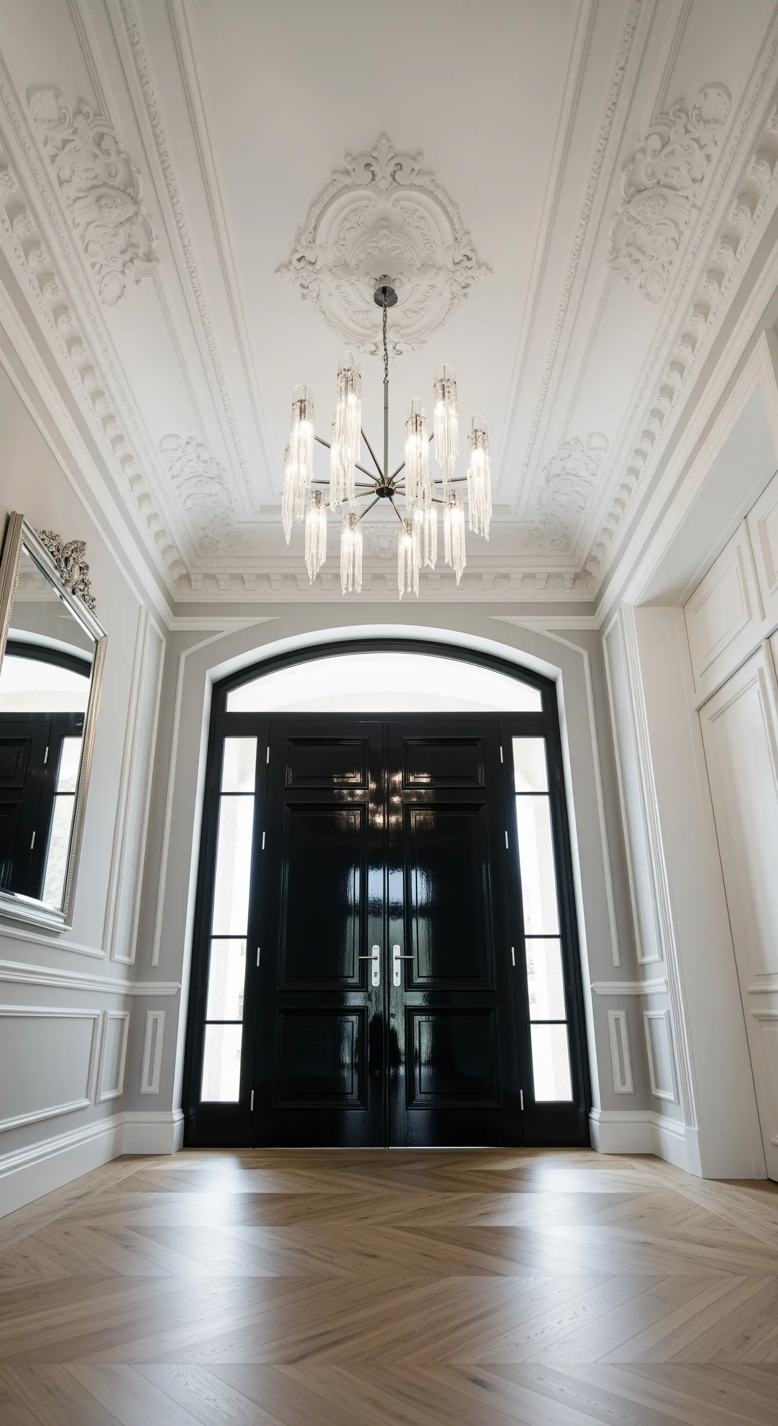 Ingresso neoclassico con boiserie grigia, soffitto decorato e un lampadario moderno con frange di vetro.