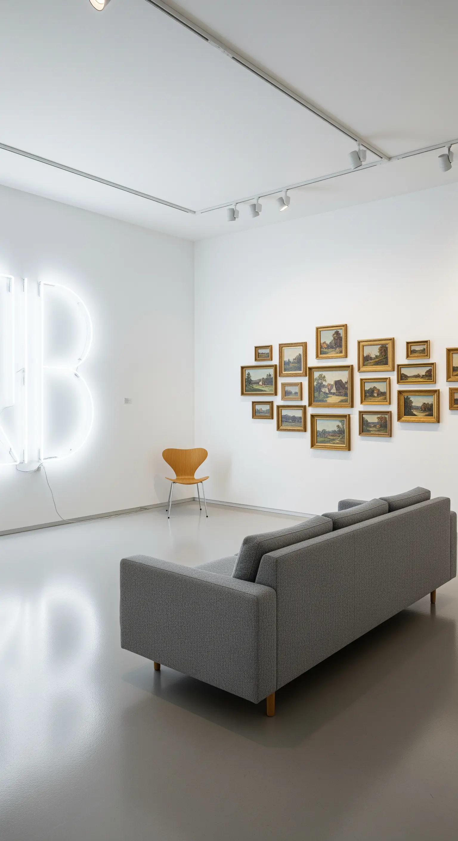 Spazio galleria con divano grigio, una parete di quadri classici e una grande lettera al neon.