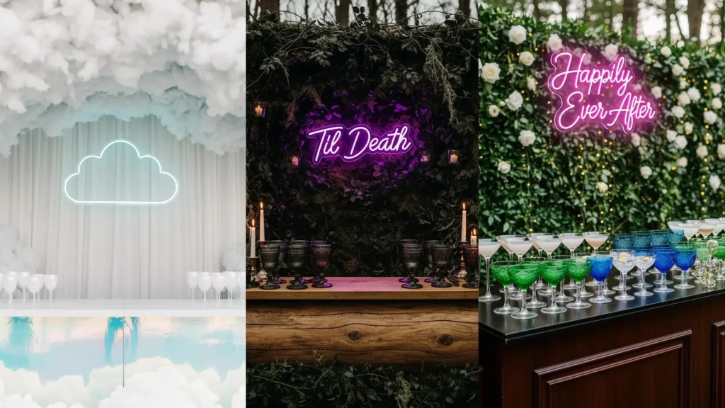 Bar da cocktail con neon personalizzati "Happily Ever After", "Til Death" e nuvola, più bicchieri colorati.