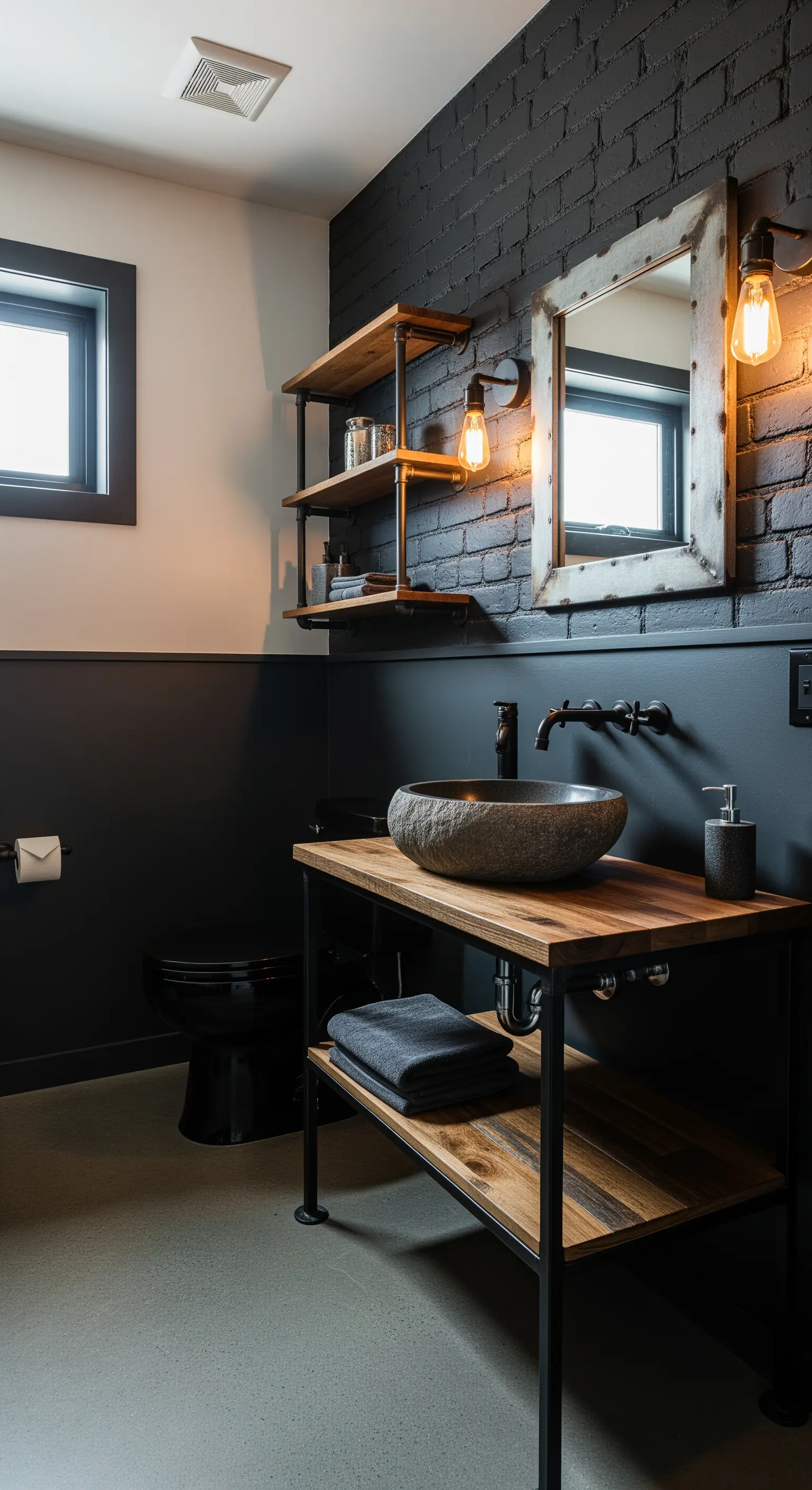 Bagno industriale con parete nera, lavabo in pietra e mobile in legno e metallo.