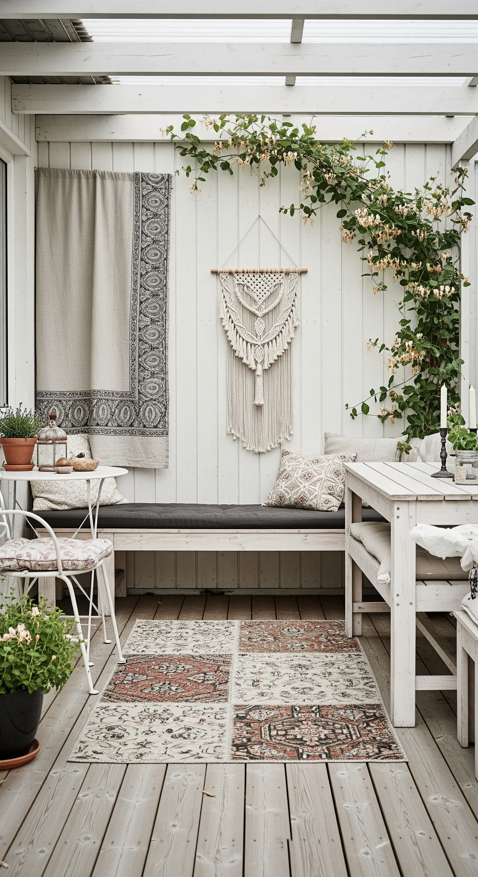 Veranda in legno bianco con panca, decorazioni in macramè e un tappeto patchwork dai toni neutri.