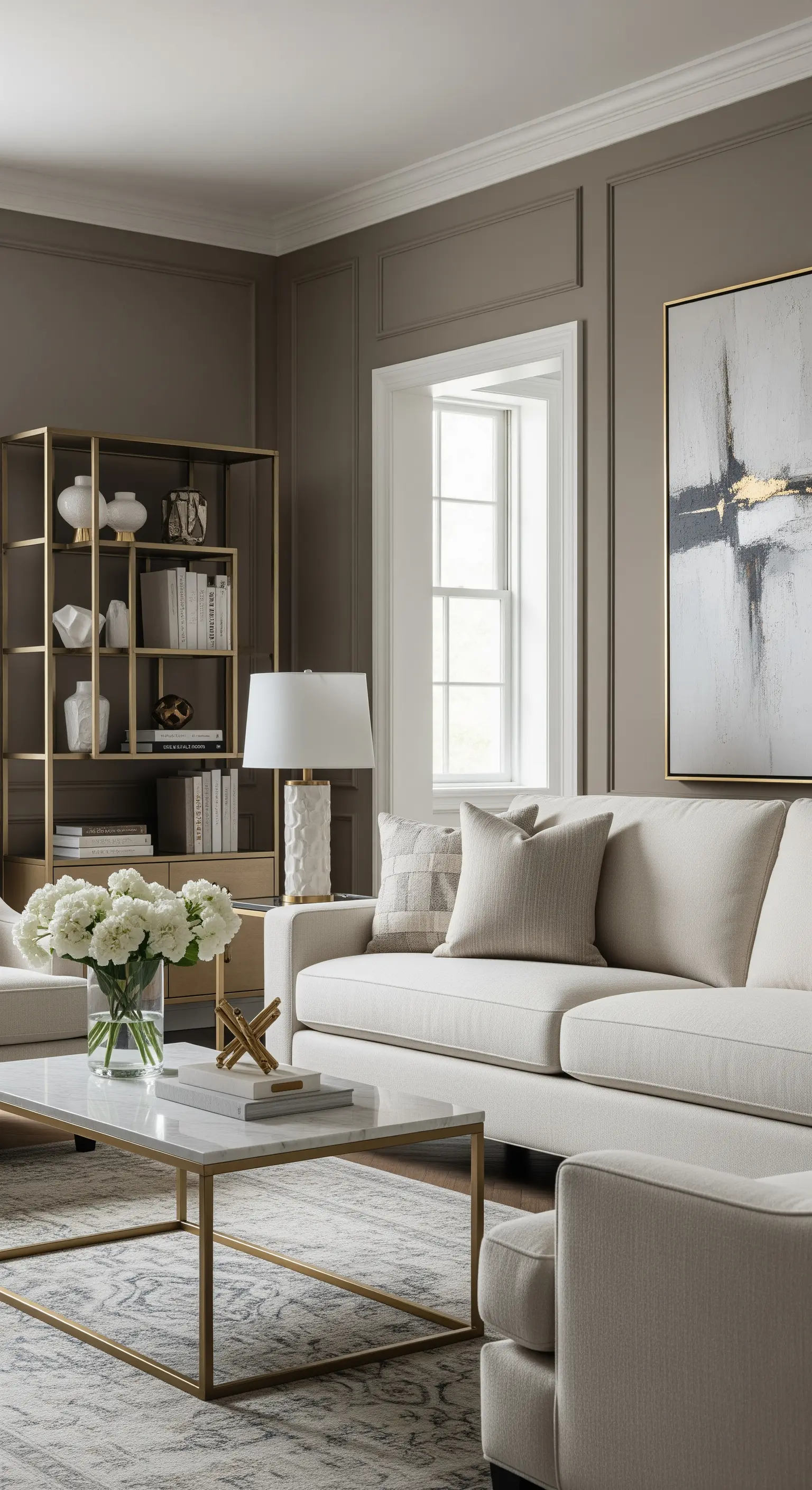 Salotto elegante con pareti color talpa, divano avorio e libreria con struttura dorata.