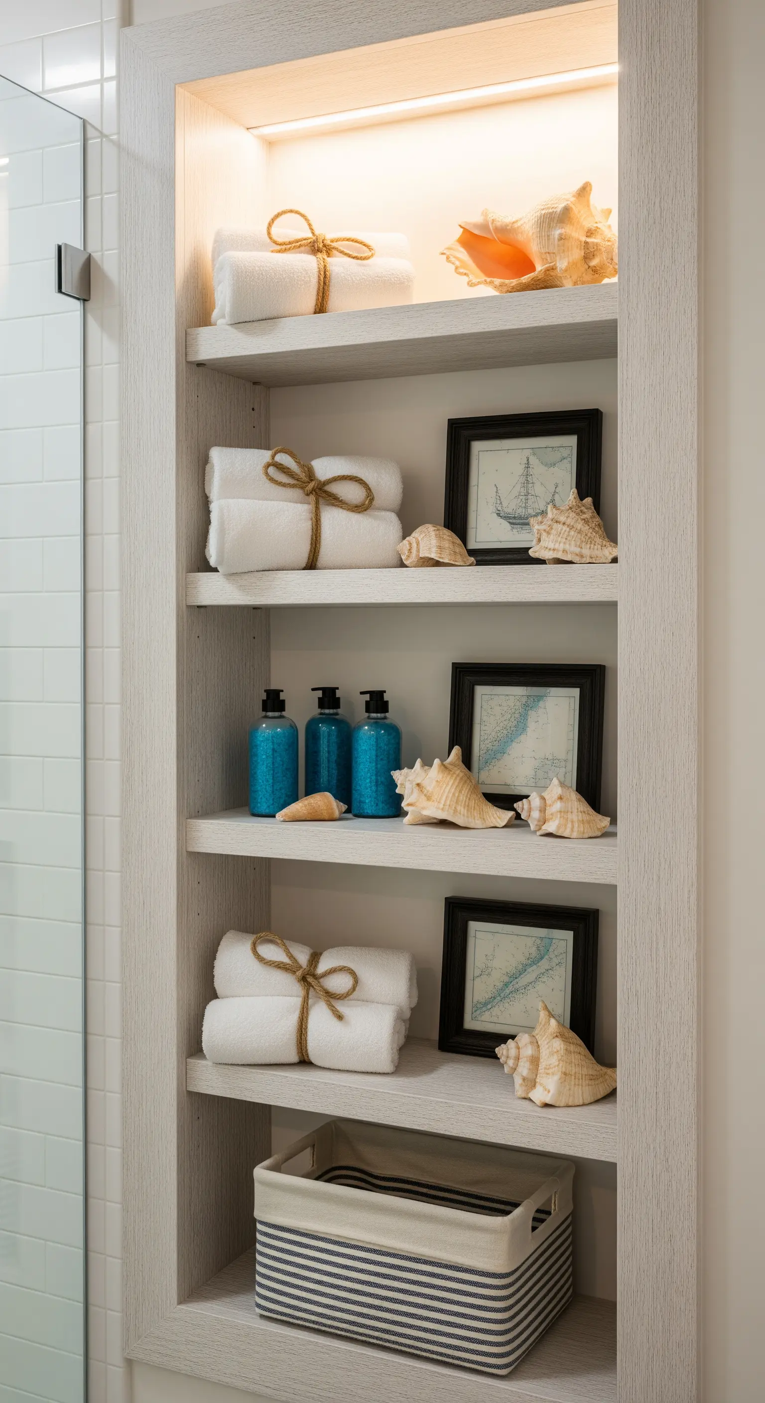 Nicchia a muro illuminata con mensole che espongono conchiglie, asciugamani e stampe.