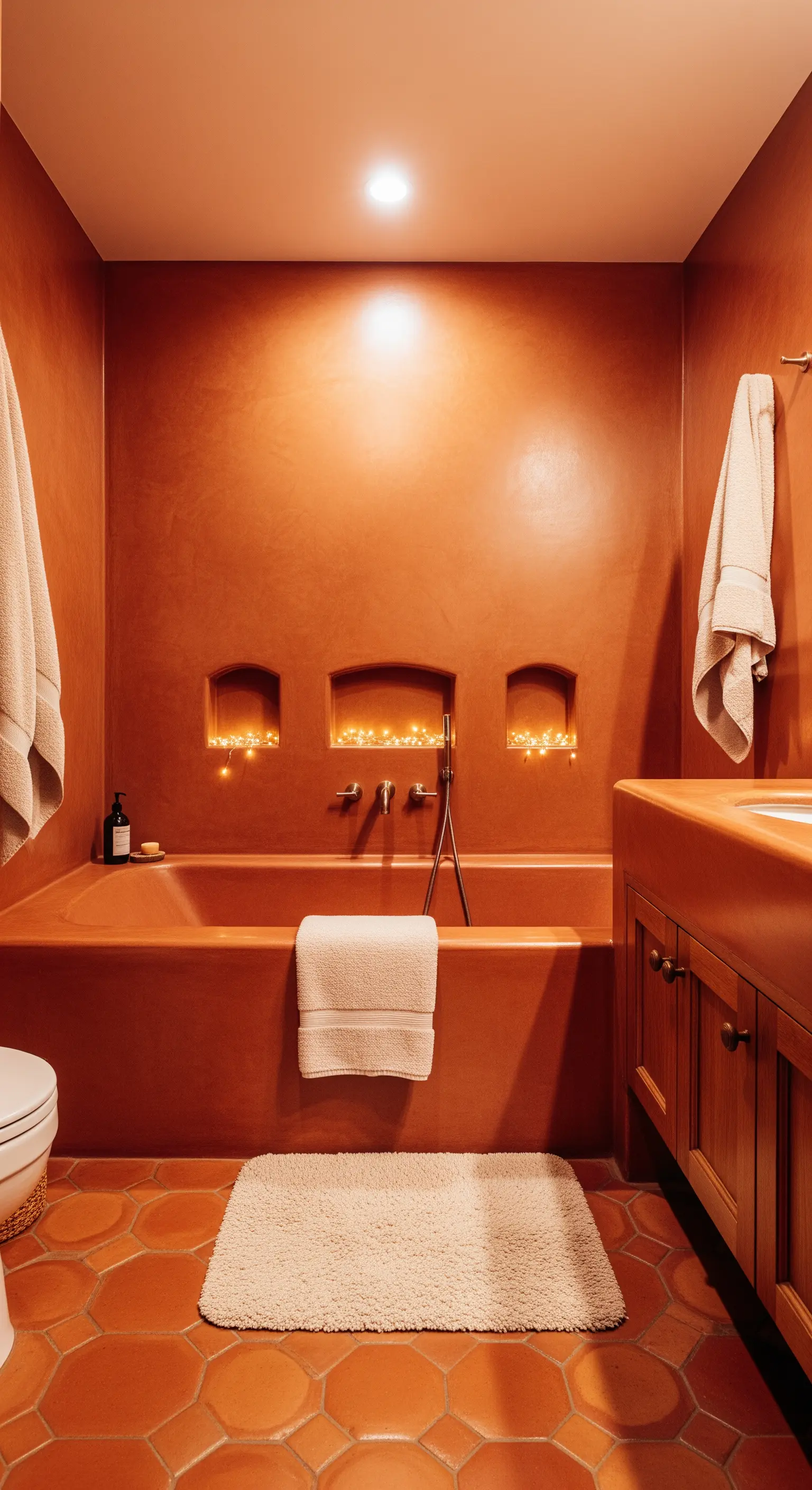 Nicchie incassate in una parete color terracotta illuminate da piccole lucine.