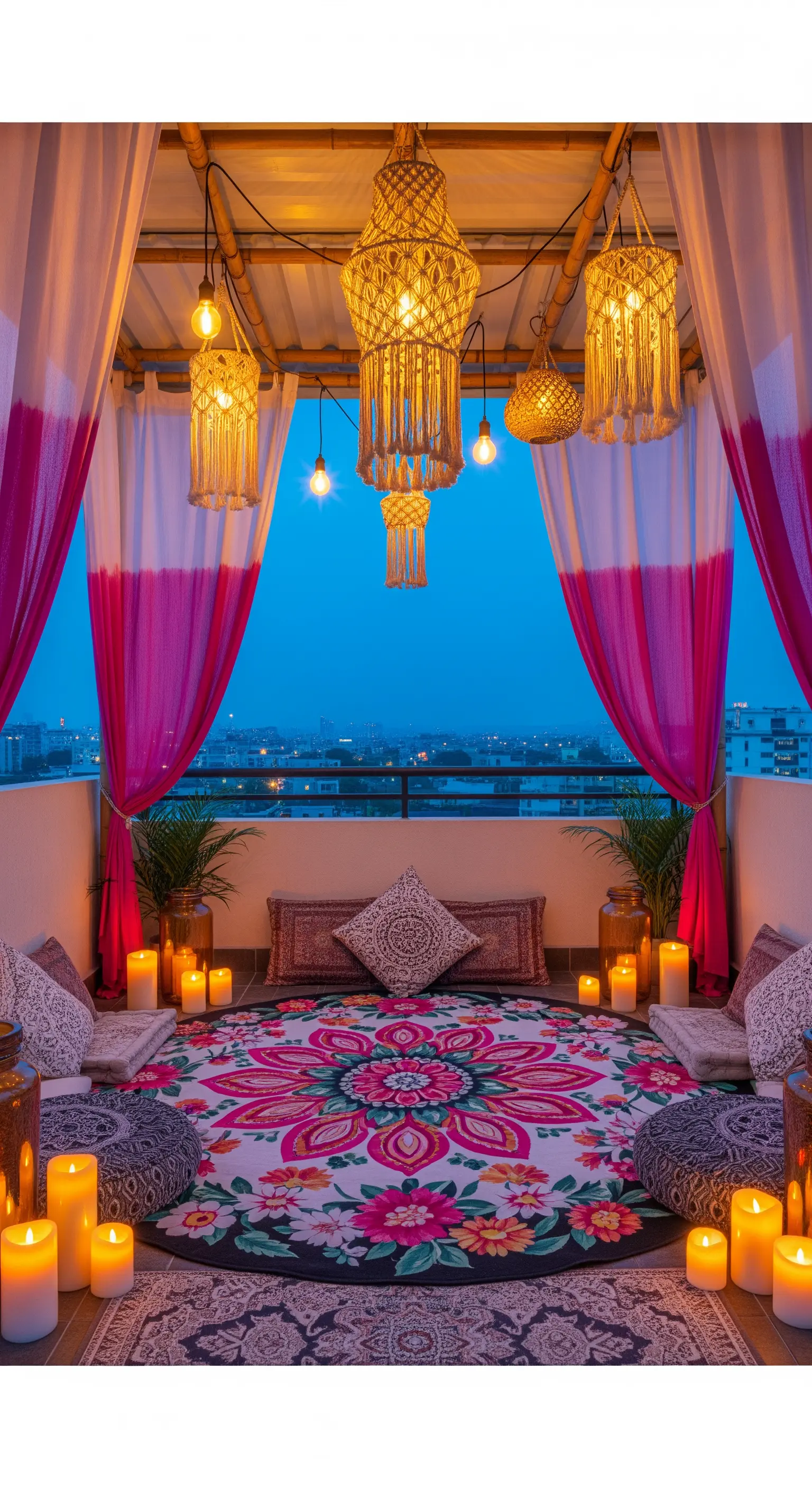Balcone bohémien con tappeto mandala, cuscini a terra, tende fucsia e lampade in macramè.