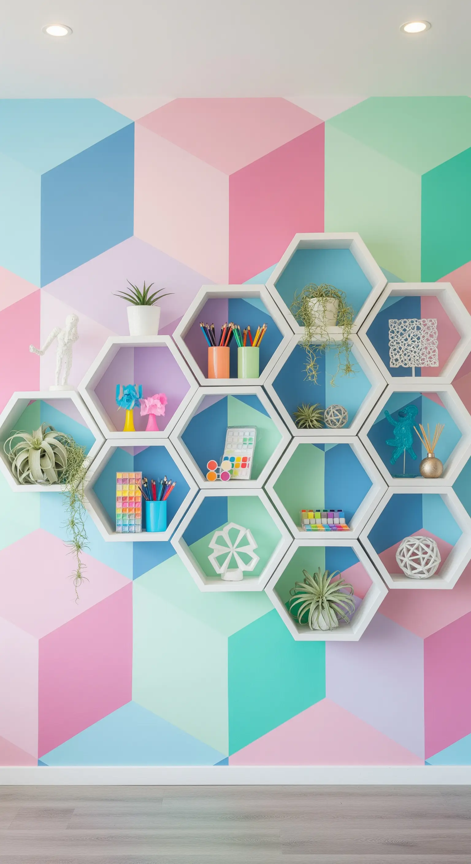 Mensole esagonali bianche disposte a nido d'ape su una parete a cubi color pastello.