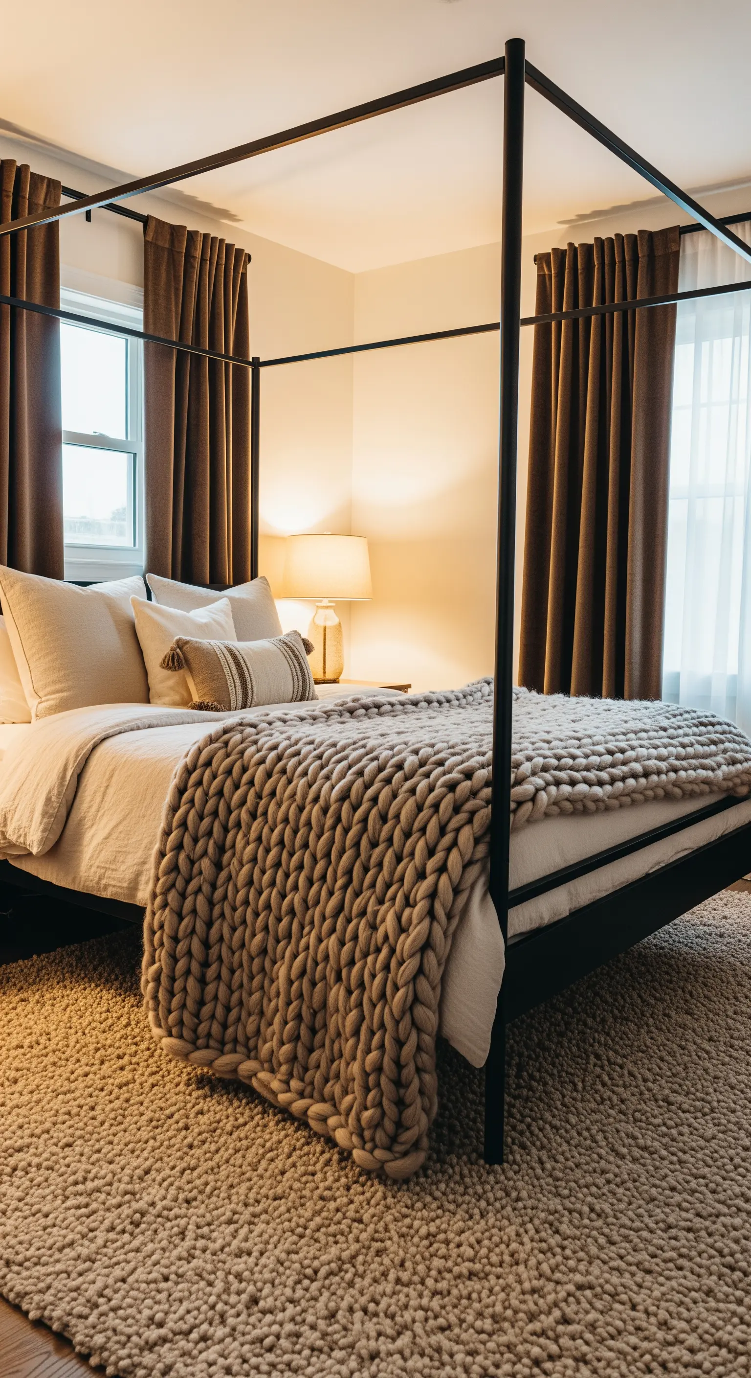 Letto a baldacchino nero con una spessa coperta in maglia e un tappeto a pelo lungo.